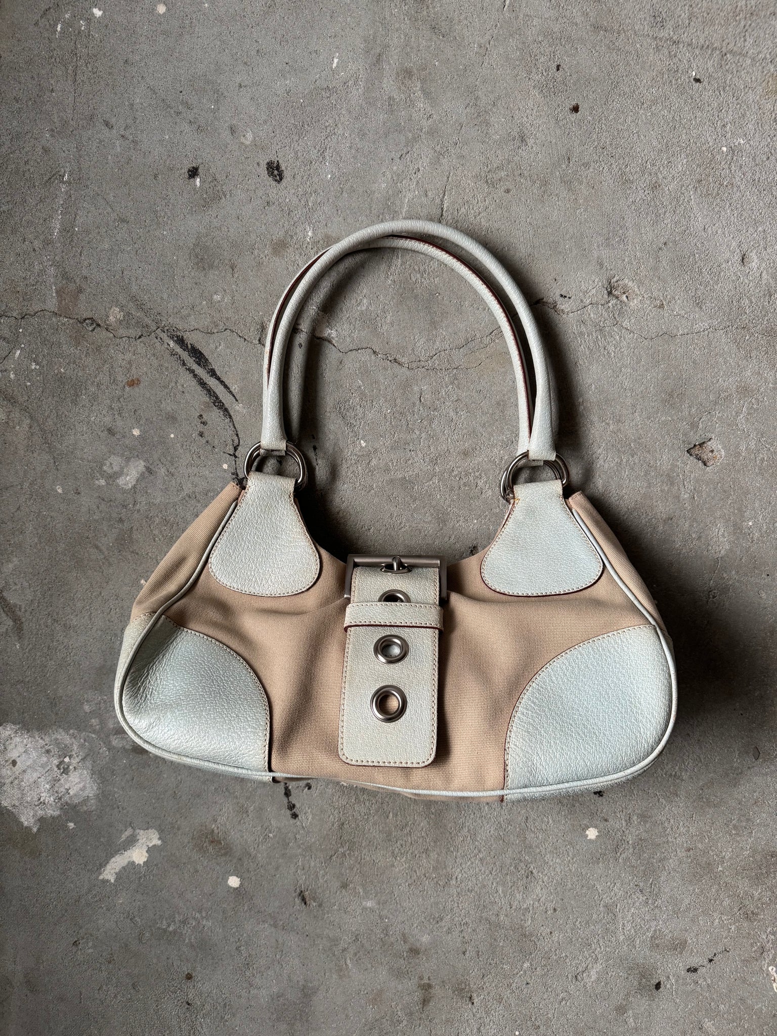 Prada Enamelled Moon Shoulder Bag Beige/Blue