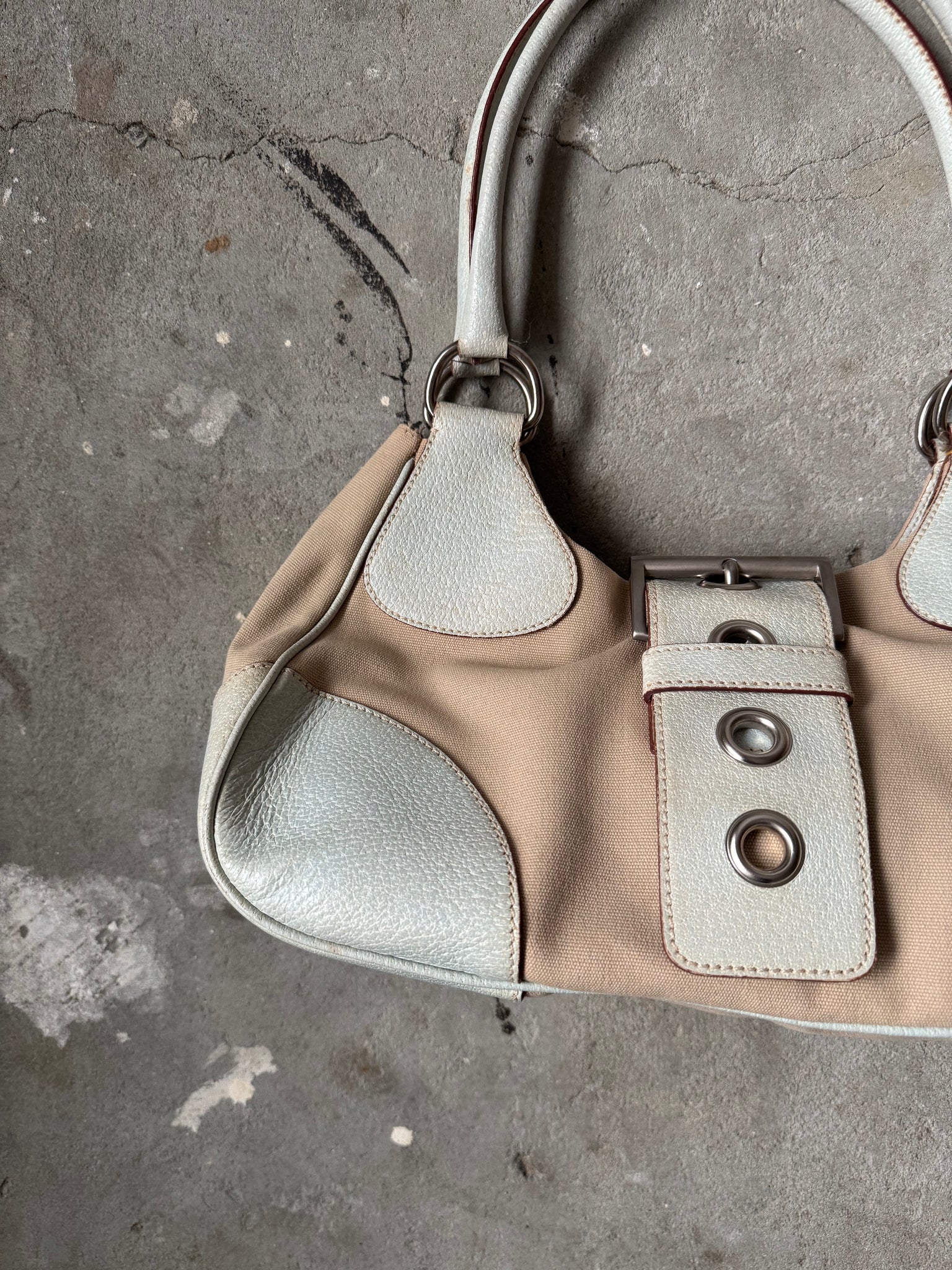 Prada Enamelled Moon Shoulder Bag Beige/Blue