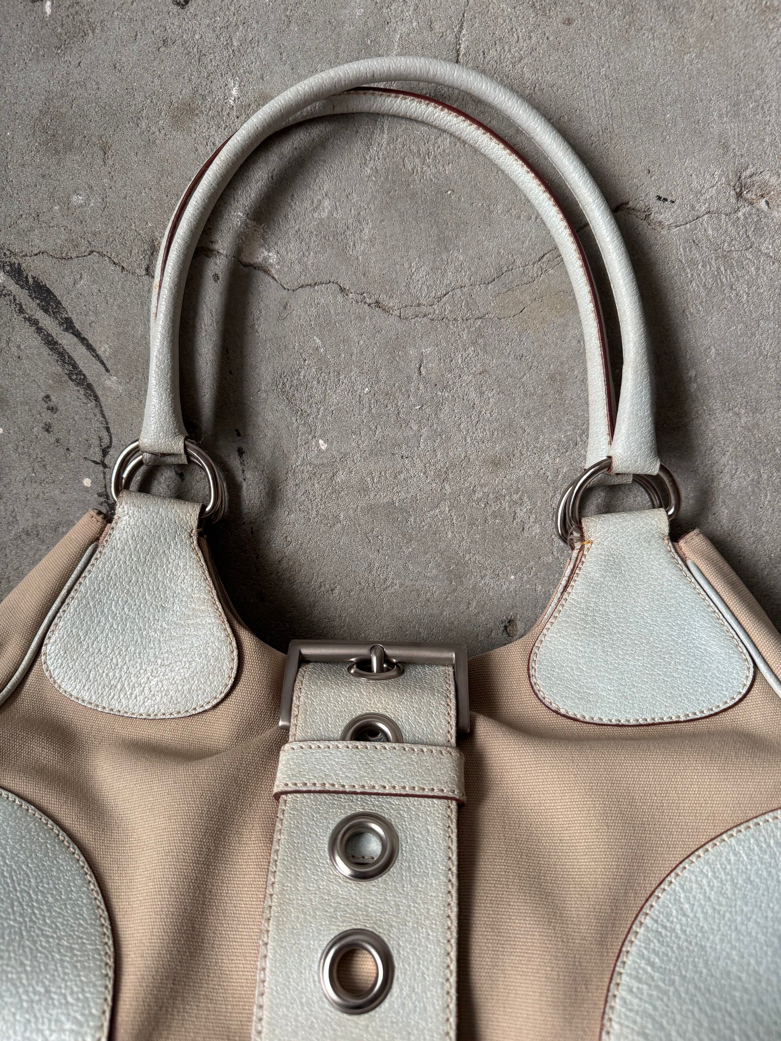 Prada Enamelled Moon Shoulder Bag Beige/Blue