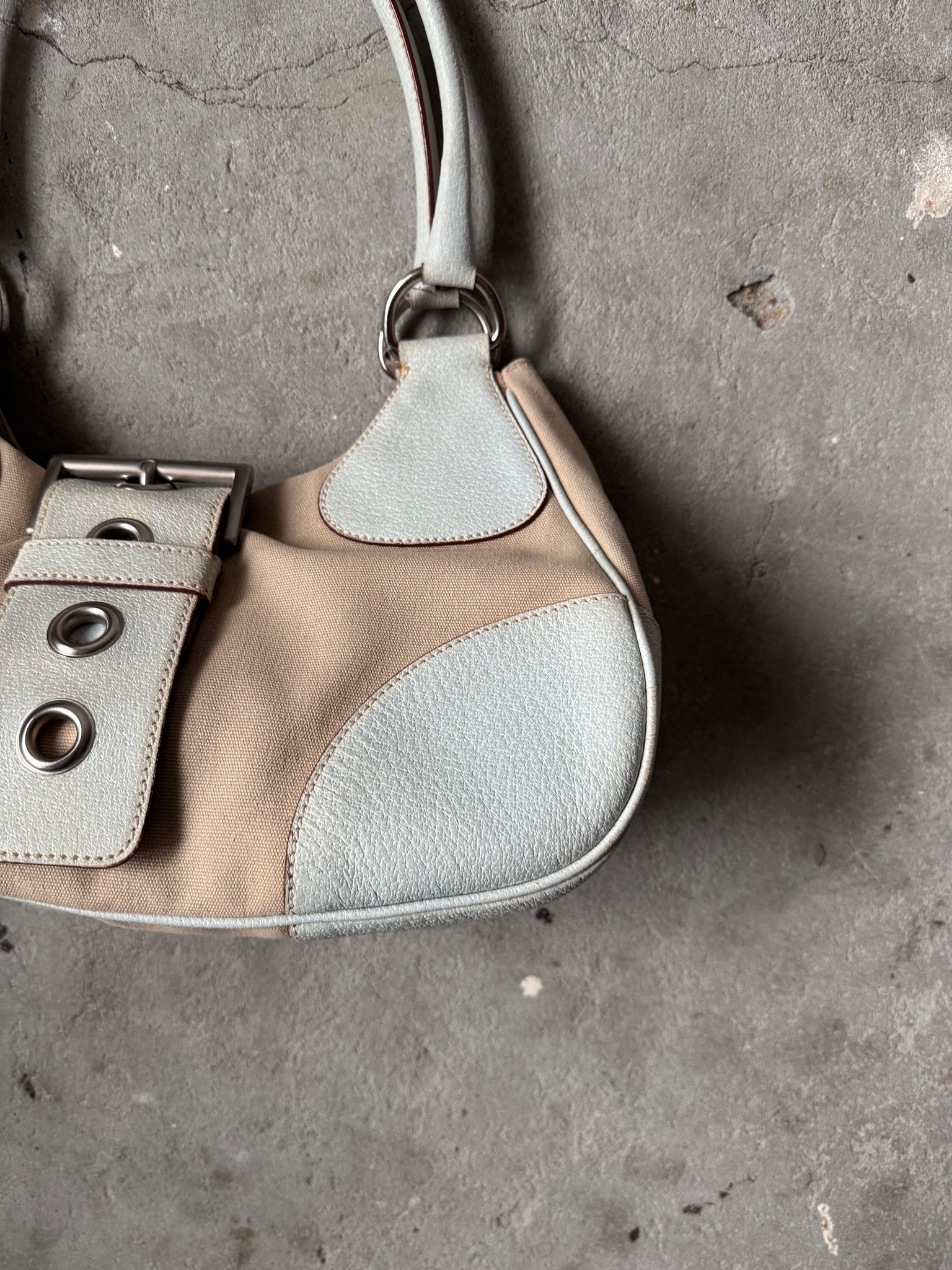 Prada Enamelled Moon Shoulder Bag Beige/Blue