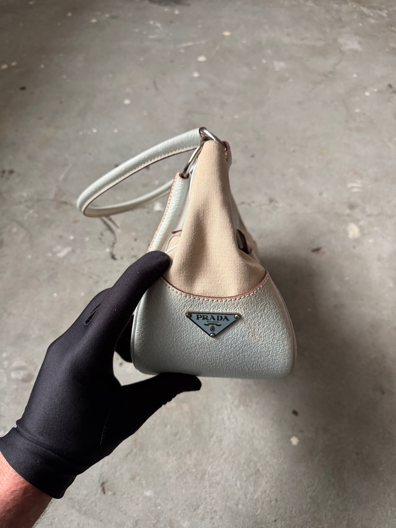 Prada Enamelled Moon Shoulder Bag Beige/Blue