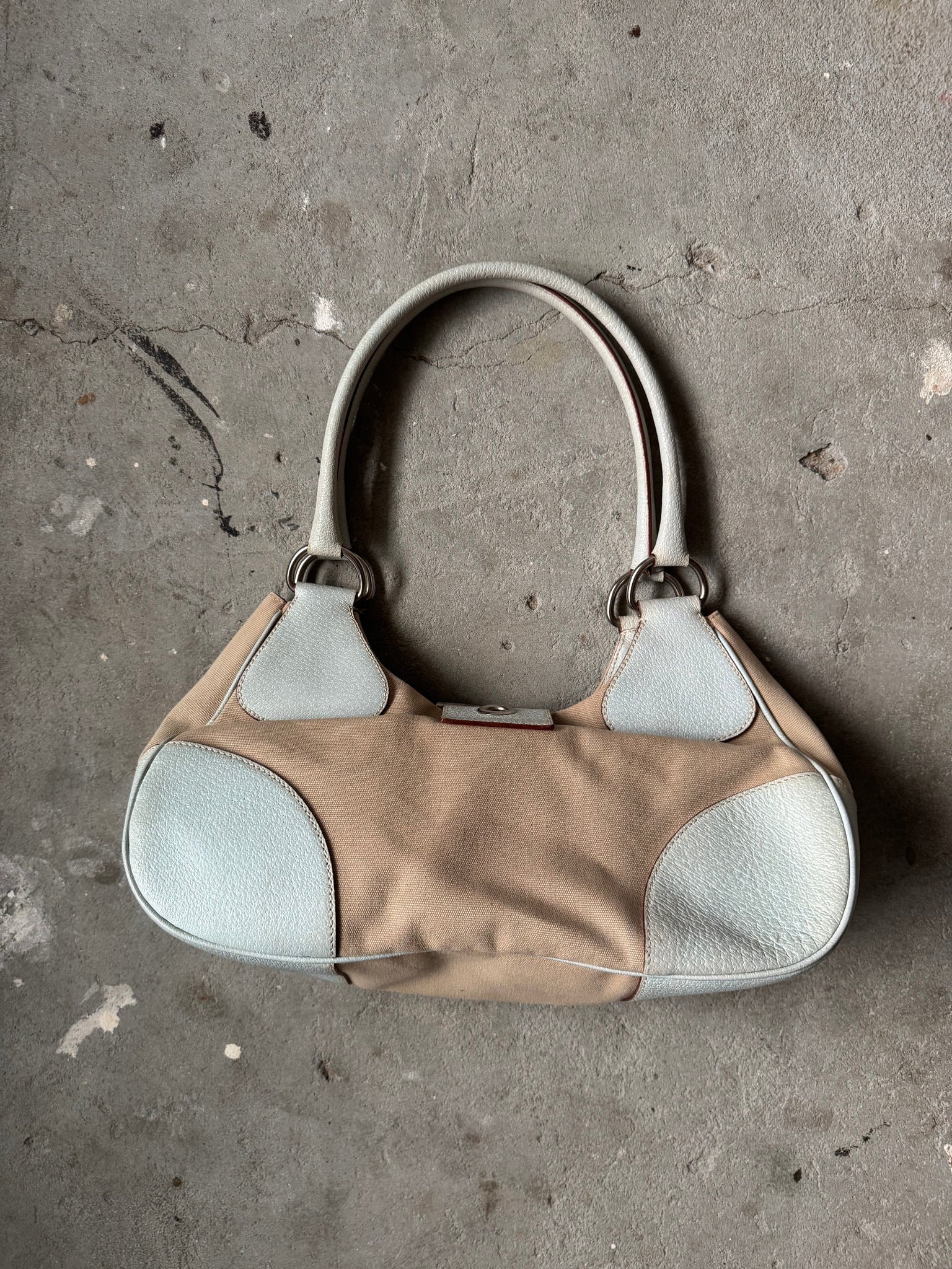 Prada Enamelled Moon Shoulder Bag Beige/Blue