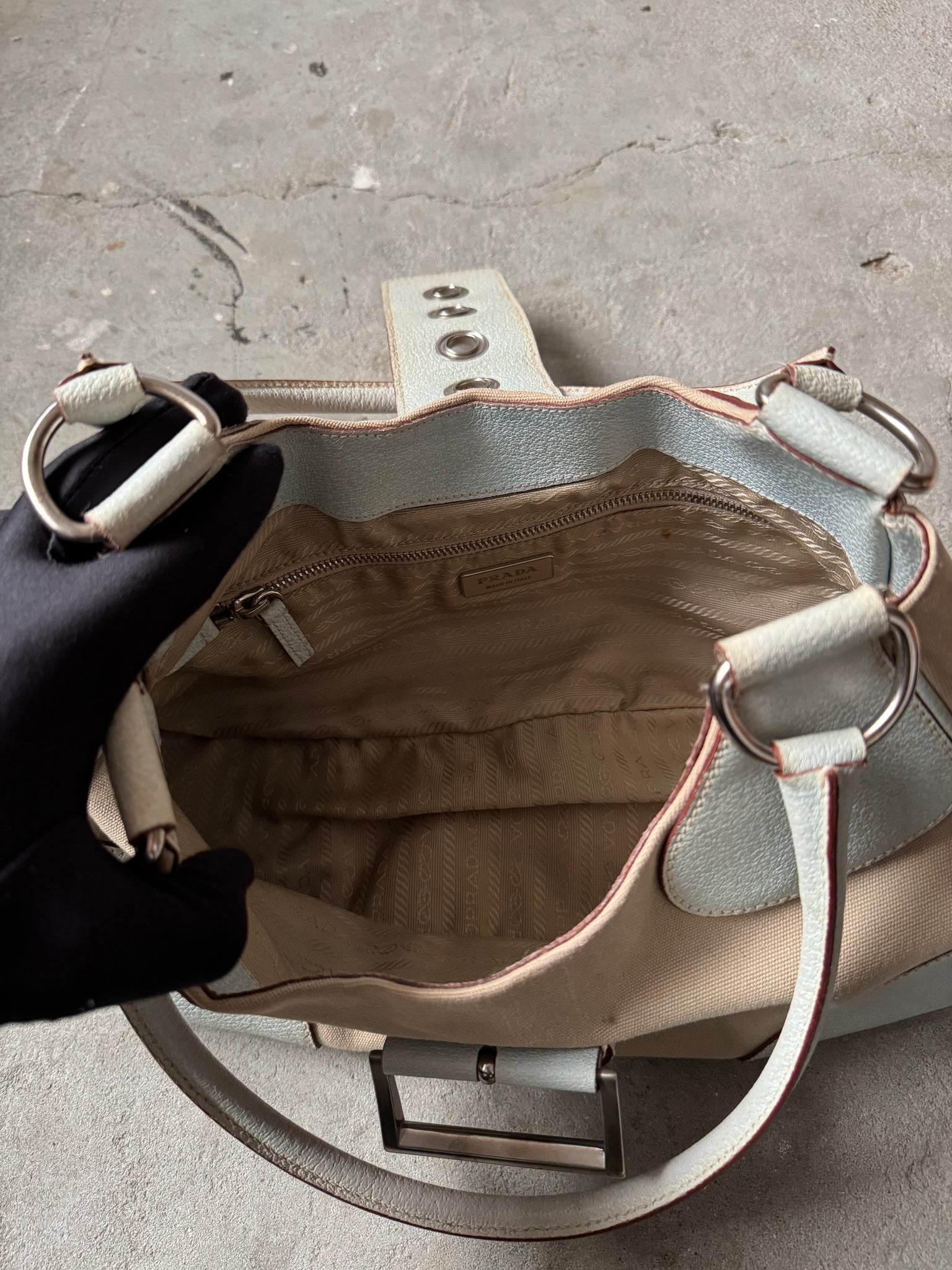 Prada Enamelled Moon Shoulder Bag Beige/Blue