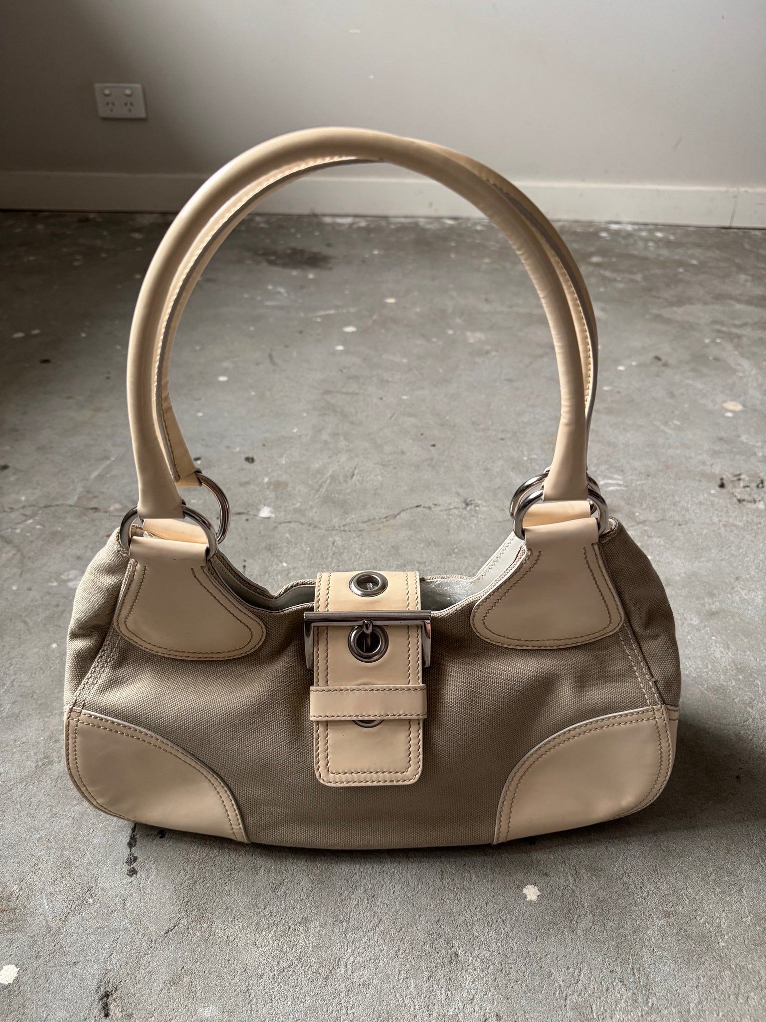 Prada Enamelled Moon Shoulder Bag Beige/Cream