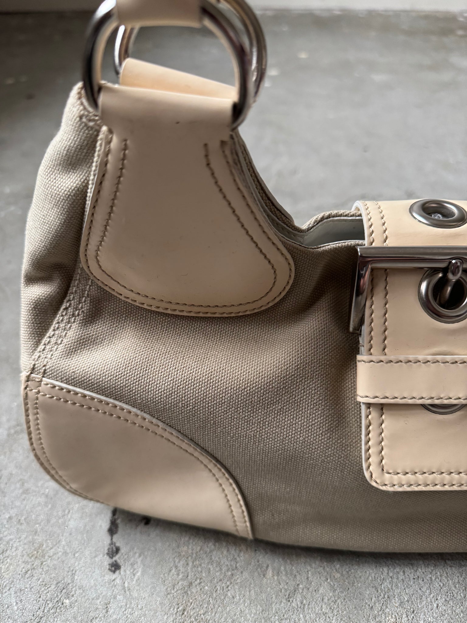 Prada Enamelled Moon Shoulder Bag Beige/Cream