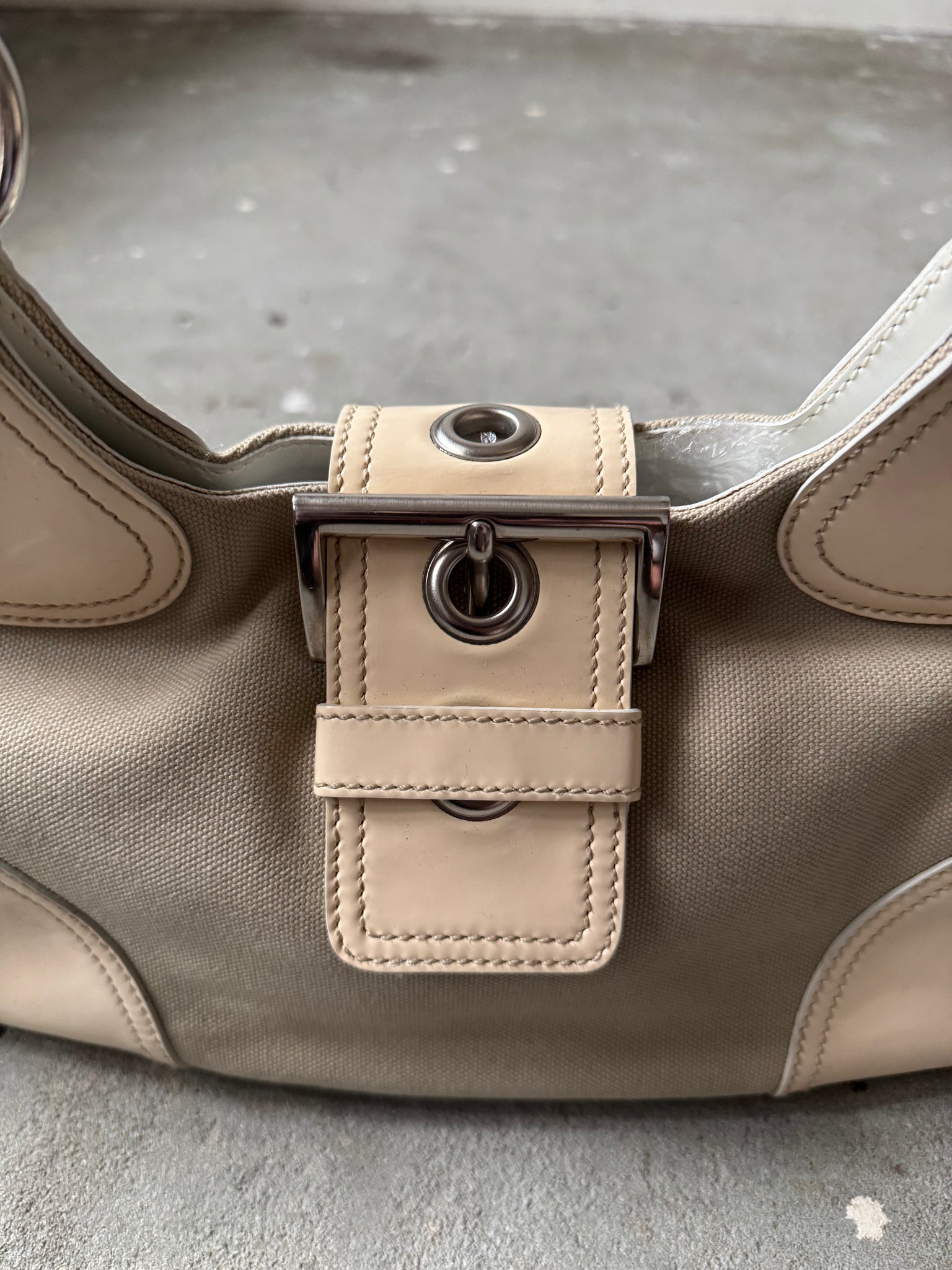 Prada Enamelled Moon Shoulder Bag Beige/Cream