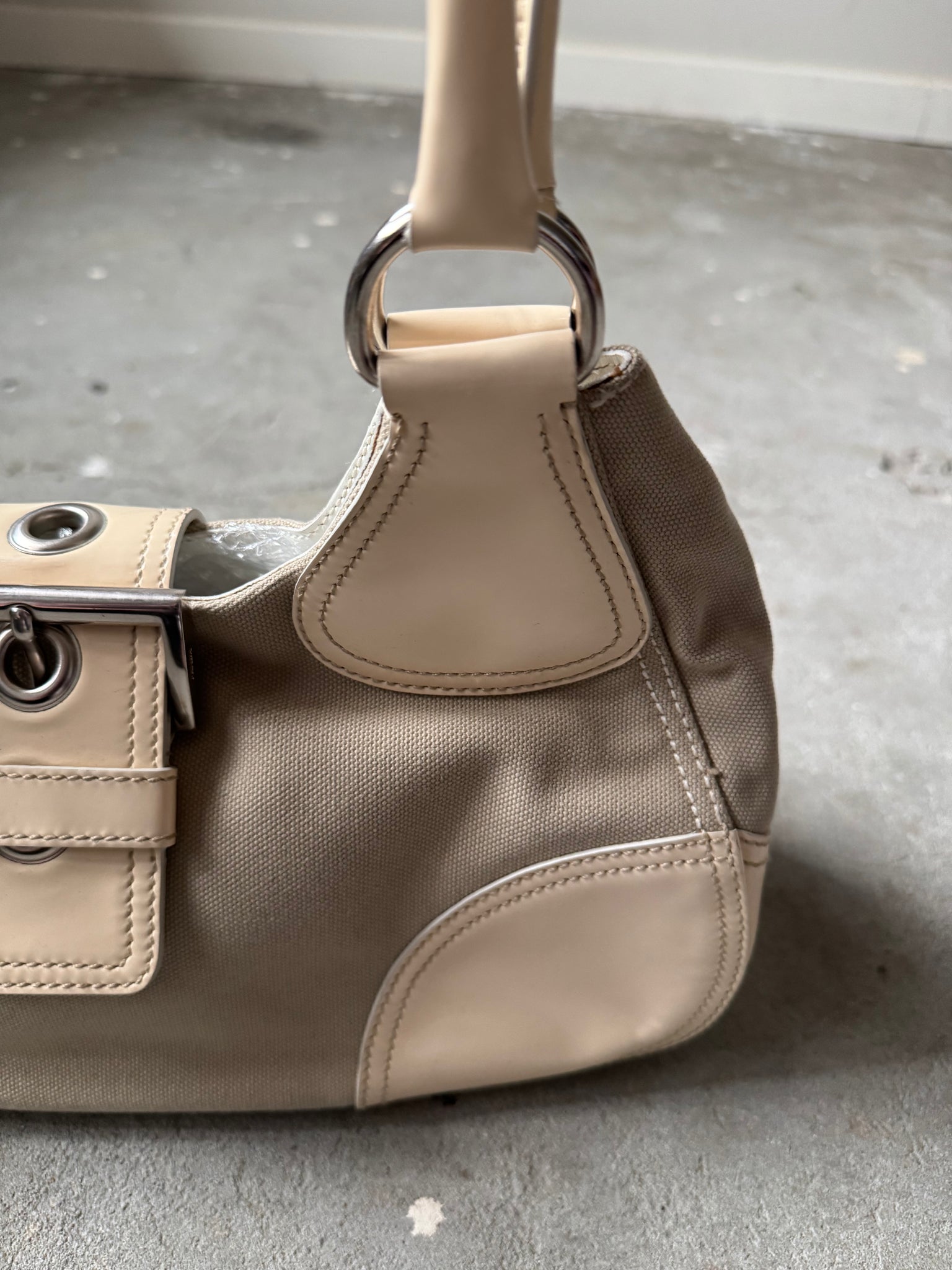 Prada Enamelled Moon Shoulder Bag Beige/Cream