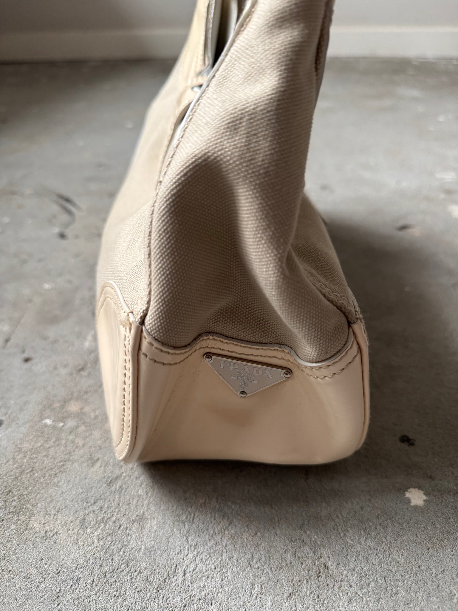 Prada Enamelled Moon Shoulder Bag Beige/Cream