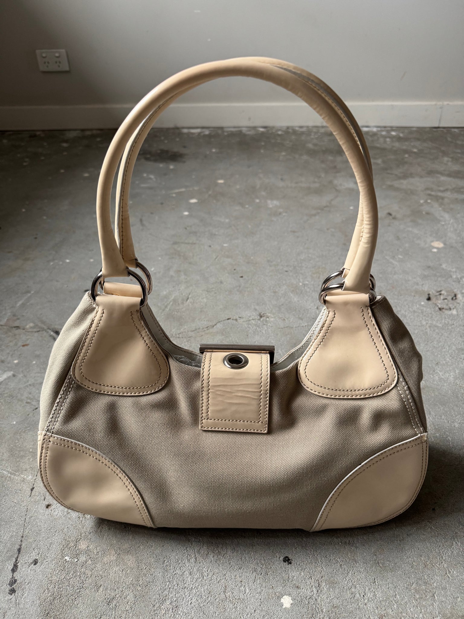 Prada Enamelled Moon Shoulder Bag Beige/Cream