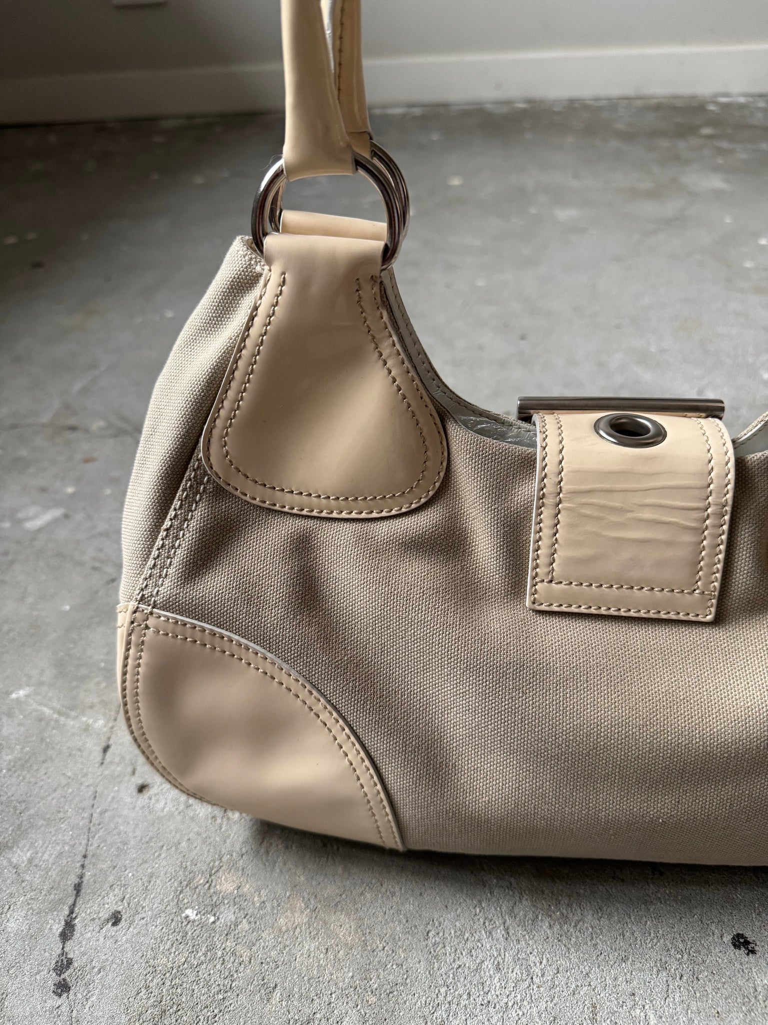 Prada Enamelled Moon Shoulder Bag Beige/Cream