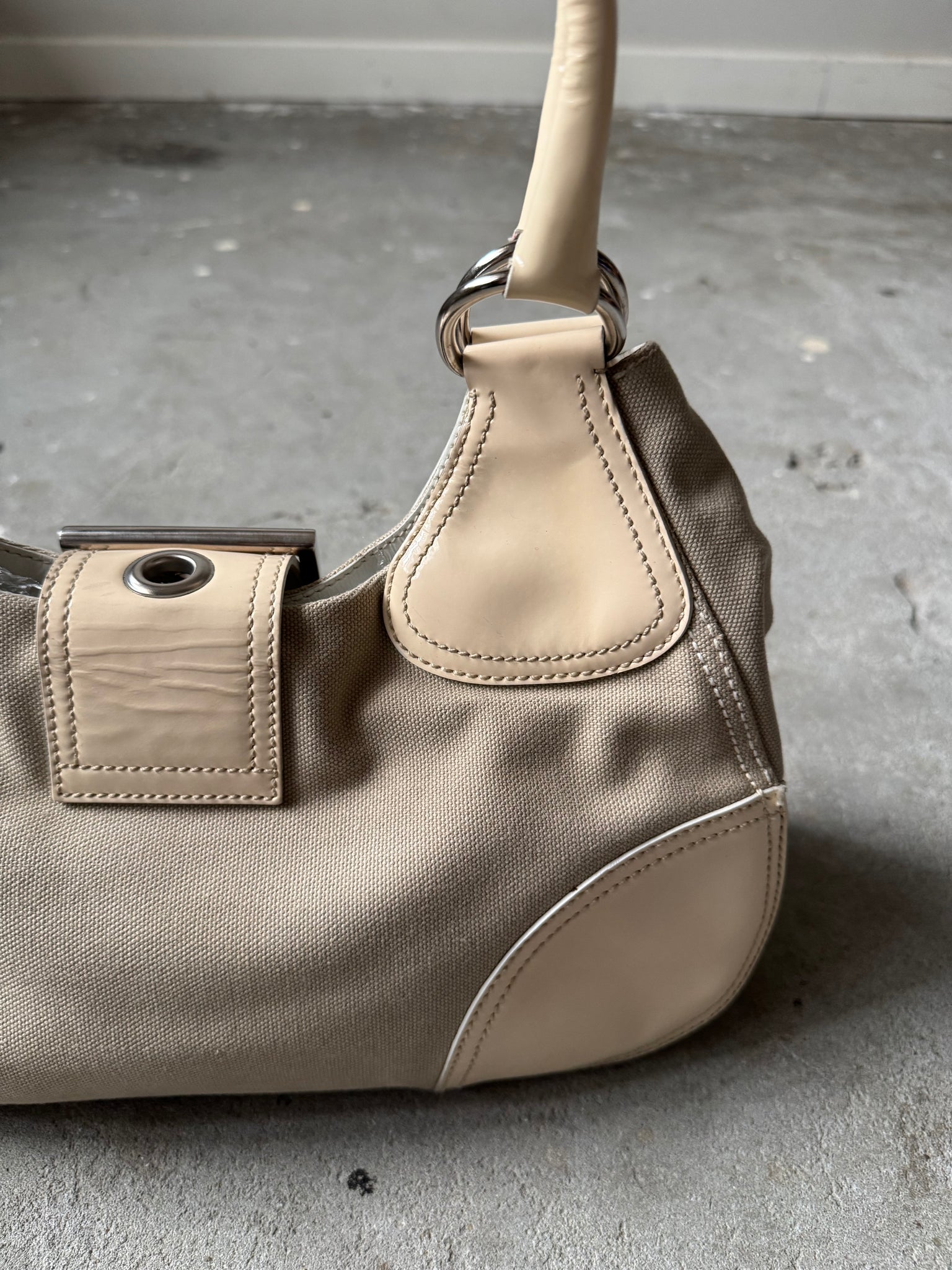 Prada Enamelled Moon Shoulder Bag Beige/Cream
