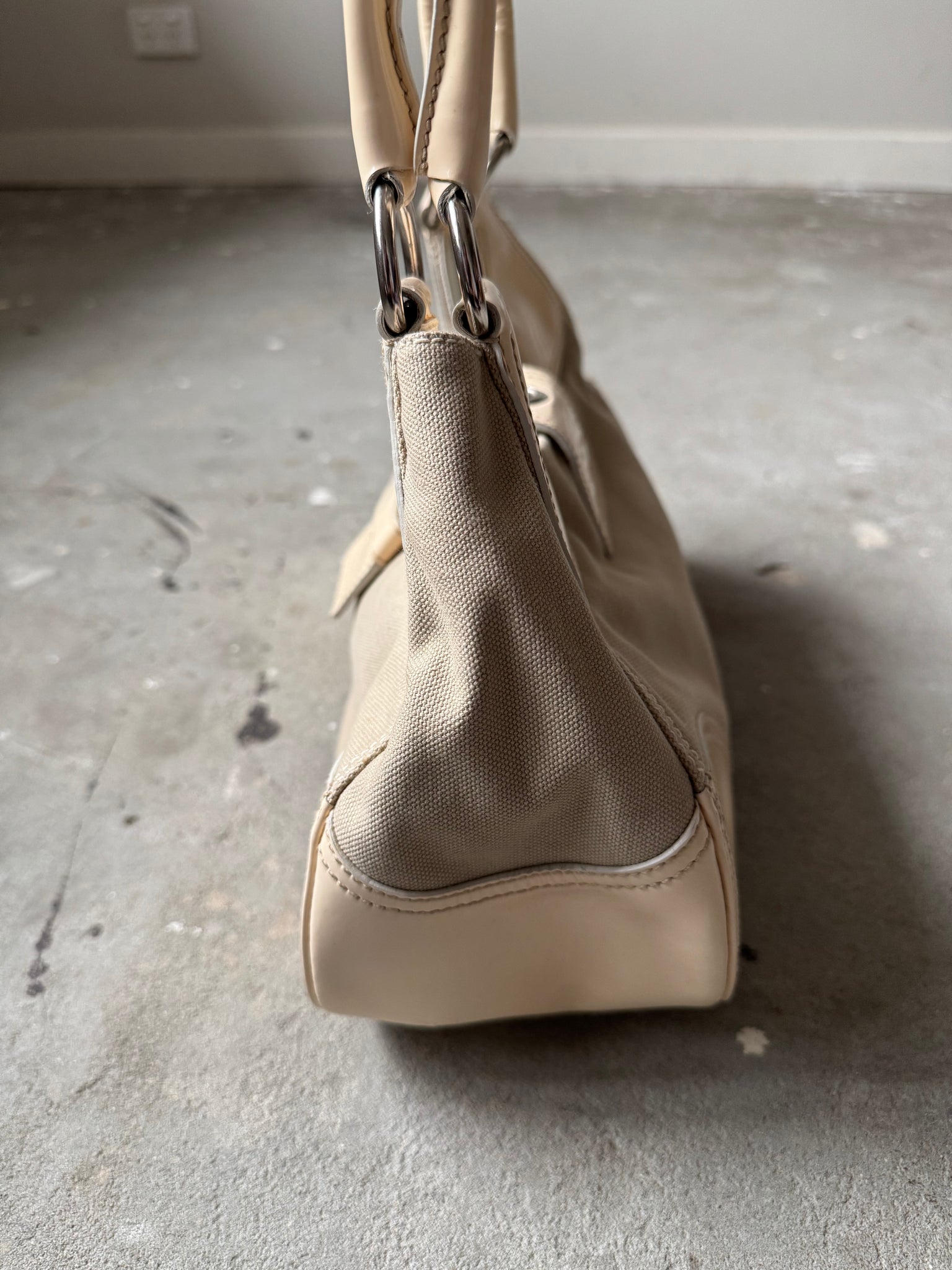 Prada Enamelled Moon Shoulder Bag Beige/Cream