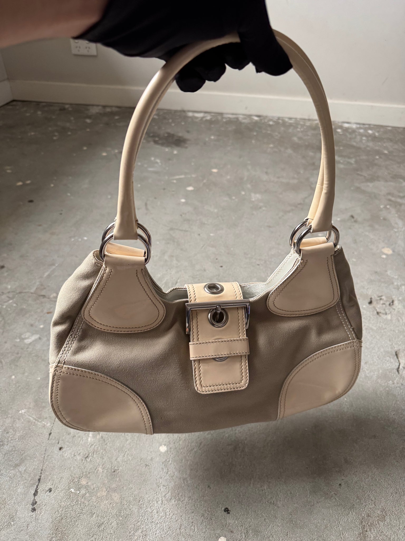 Prada Enamelled Moon Shoulder Bag Beige/Cream