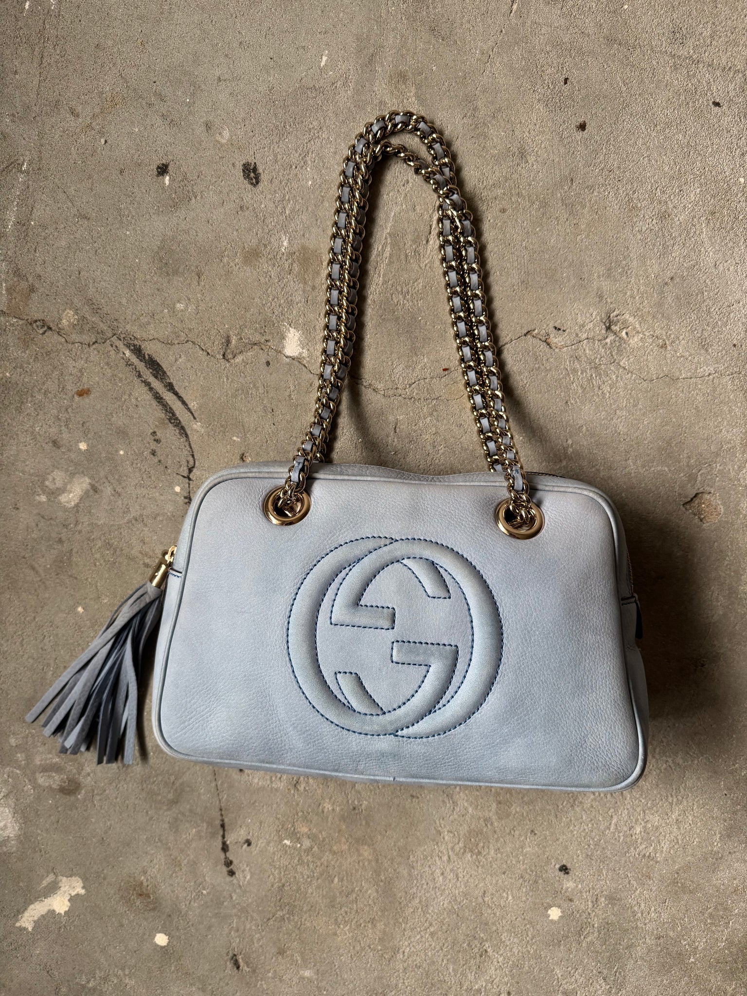 Gucci GG Soho Nubuck Chain Shoulder Bag Sky Blue