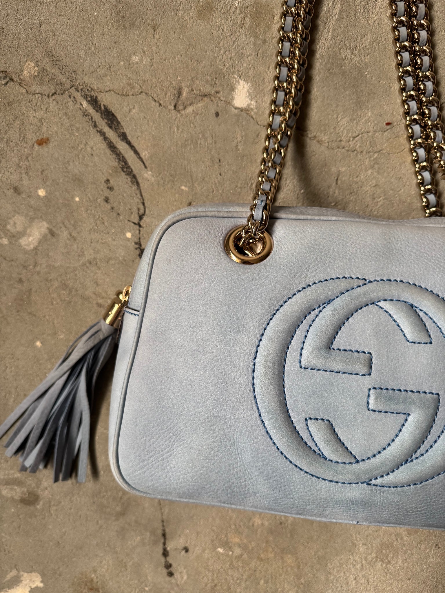 Gucci GG Soho Nubuck Chain Shoulder Bag Sky Blue