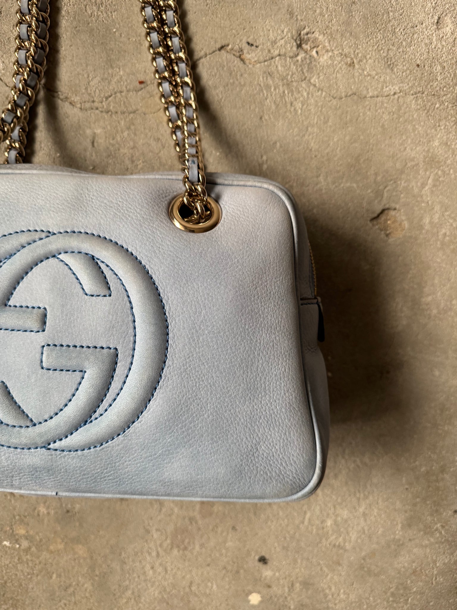 Gucci GG Soho Nubuck Chain Shoulder Bag Sky Blue