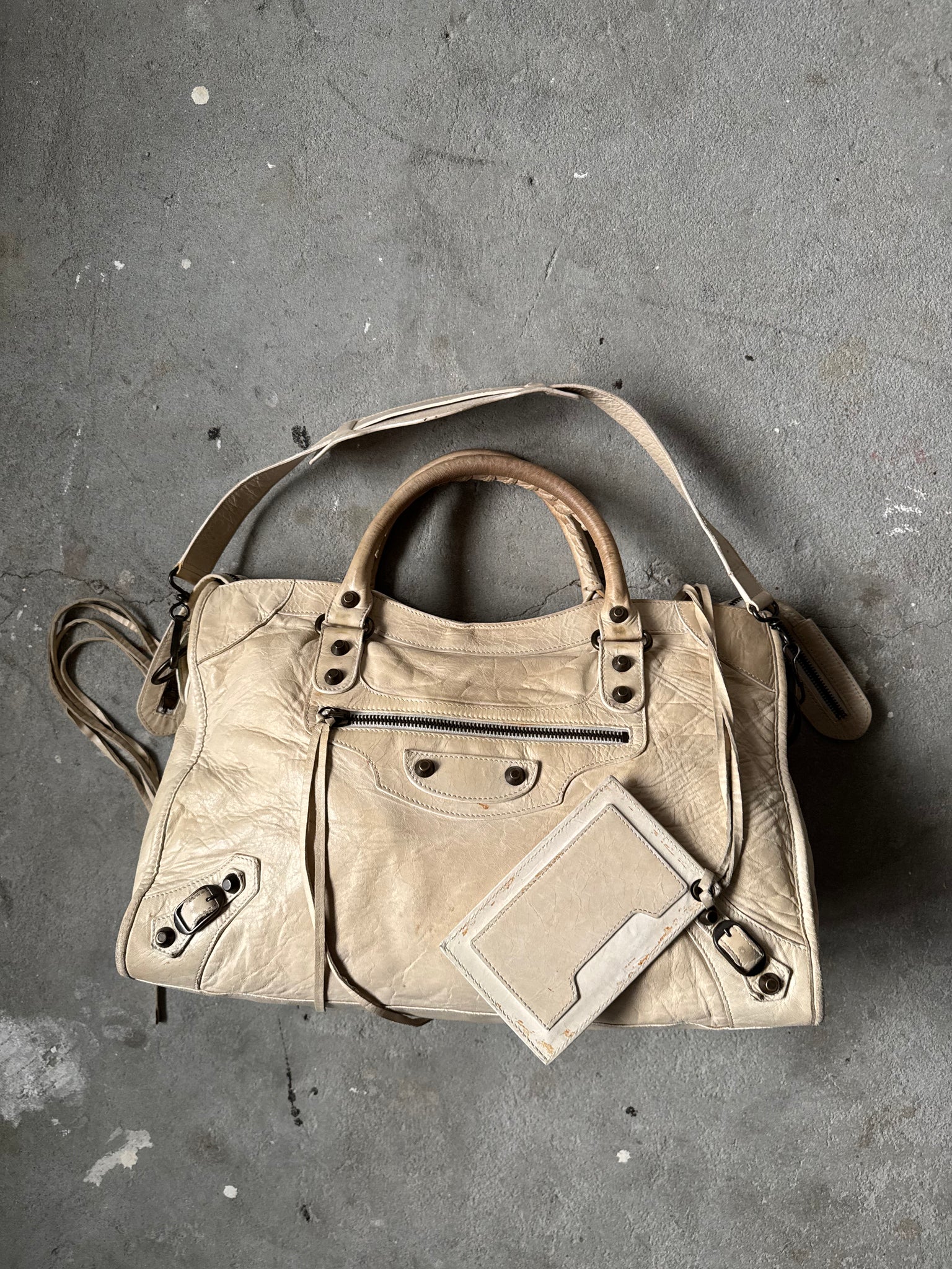Balenciaga 2Way Agneau Leather Motorcycle City Bag Cream