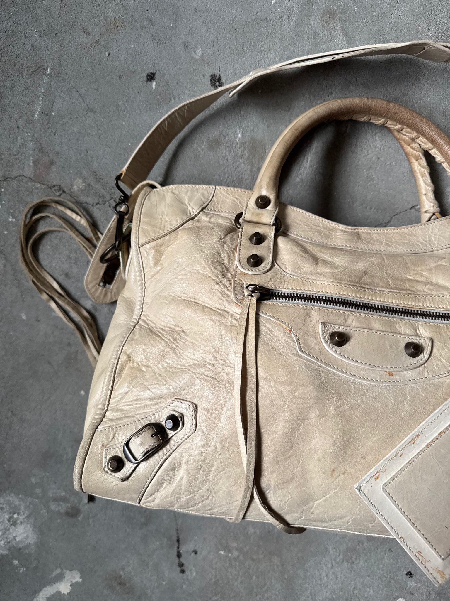 Balenciaga 2Way Agneau Leather Motorcycle City Bag Cream