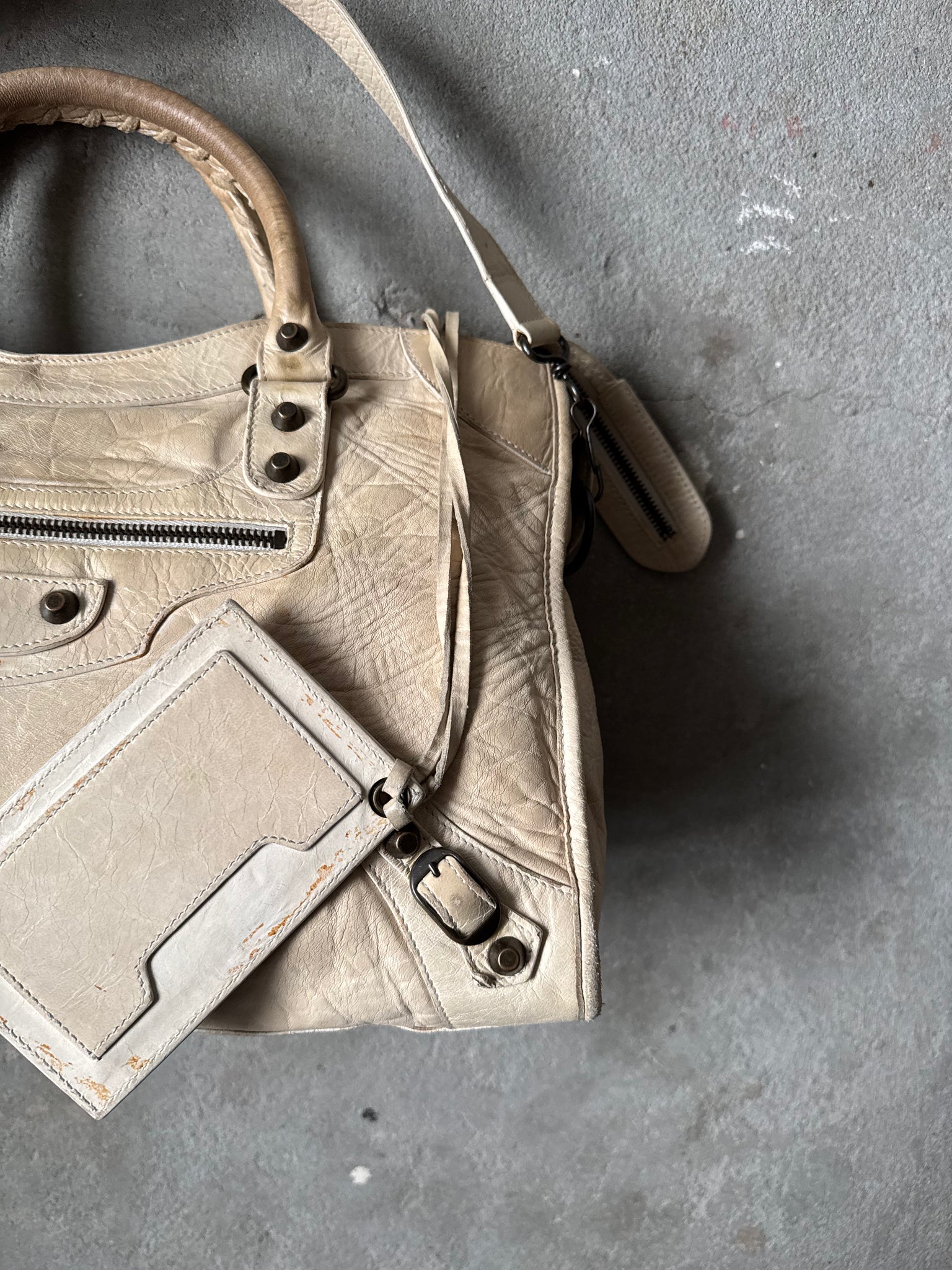 Balenciaga 2Way Agneau Leather Motorcycle City Bag Cream