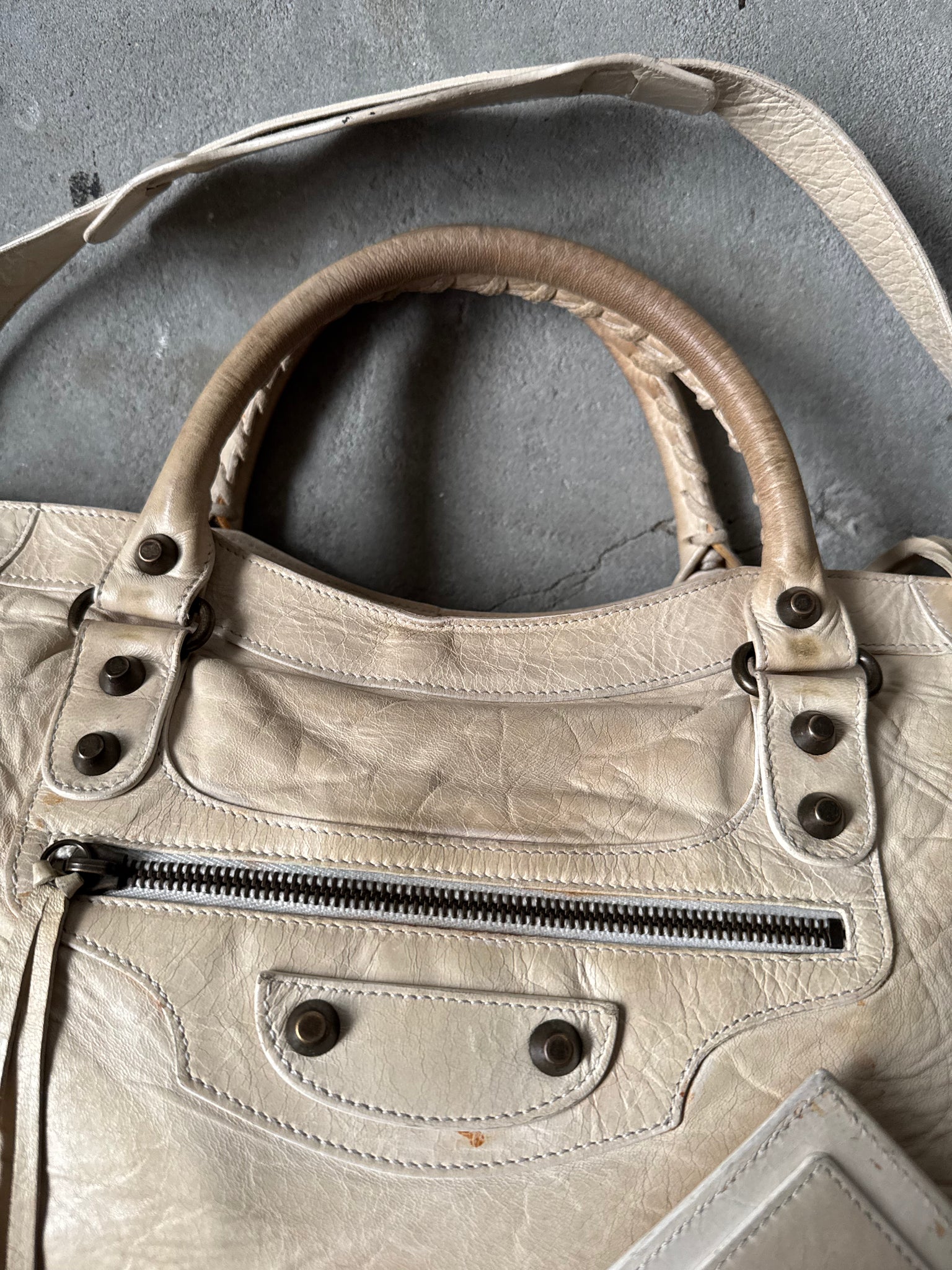 Balenciaga 2Way Agneau Leather Motorcycle City Bag Cream