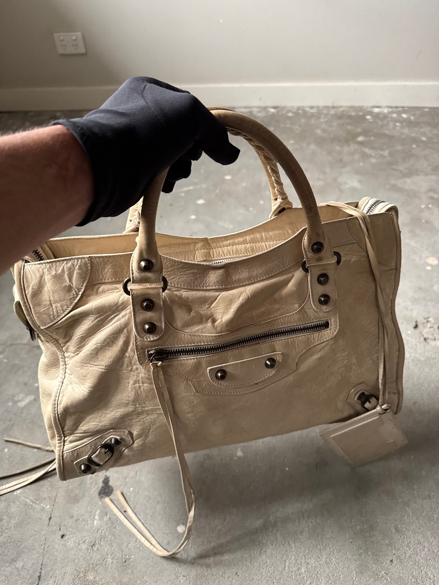 Balenciaga 2Way Agneau Leather Motorcycle City Bag Cream
