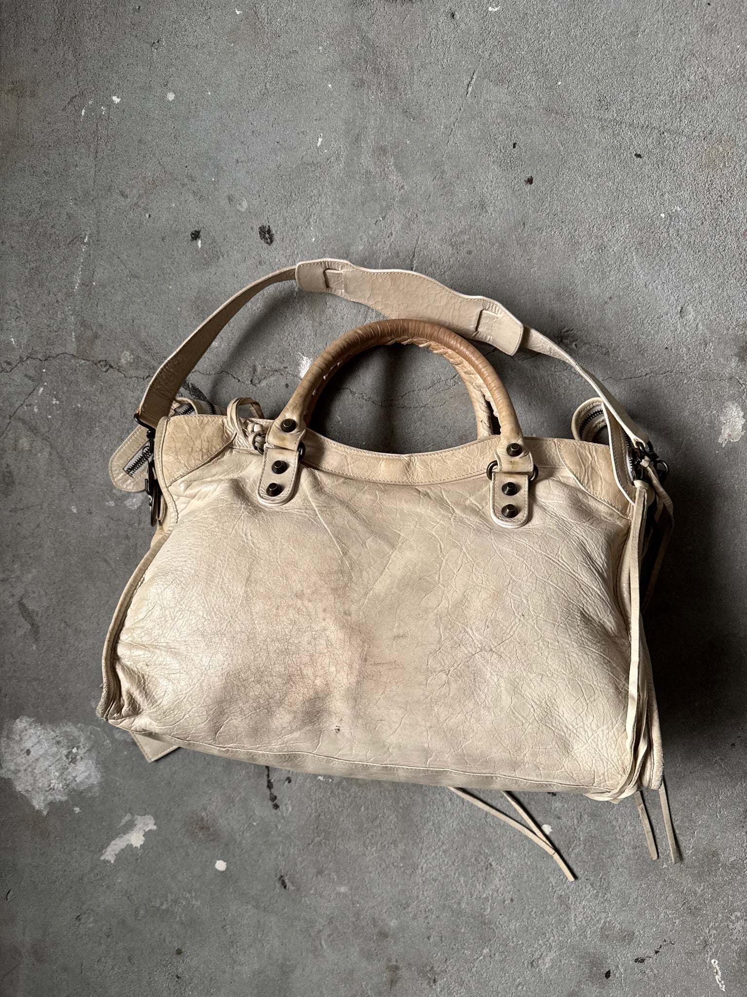 Balenciaga 2Way Agneau Leather Motorcycle City Bag Cream