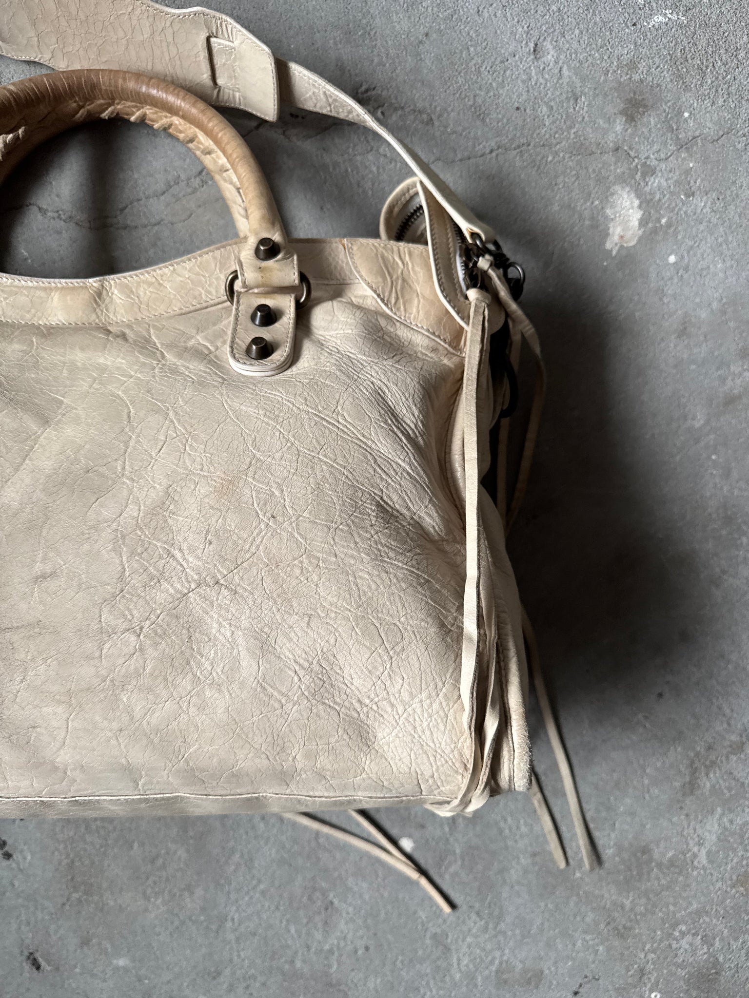 Balenciaga 2Way Agneau Leather Motorcycle City Bag Cream