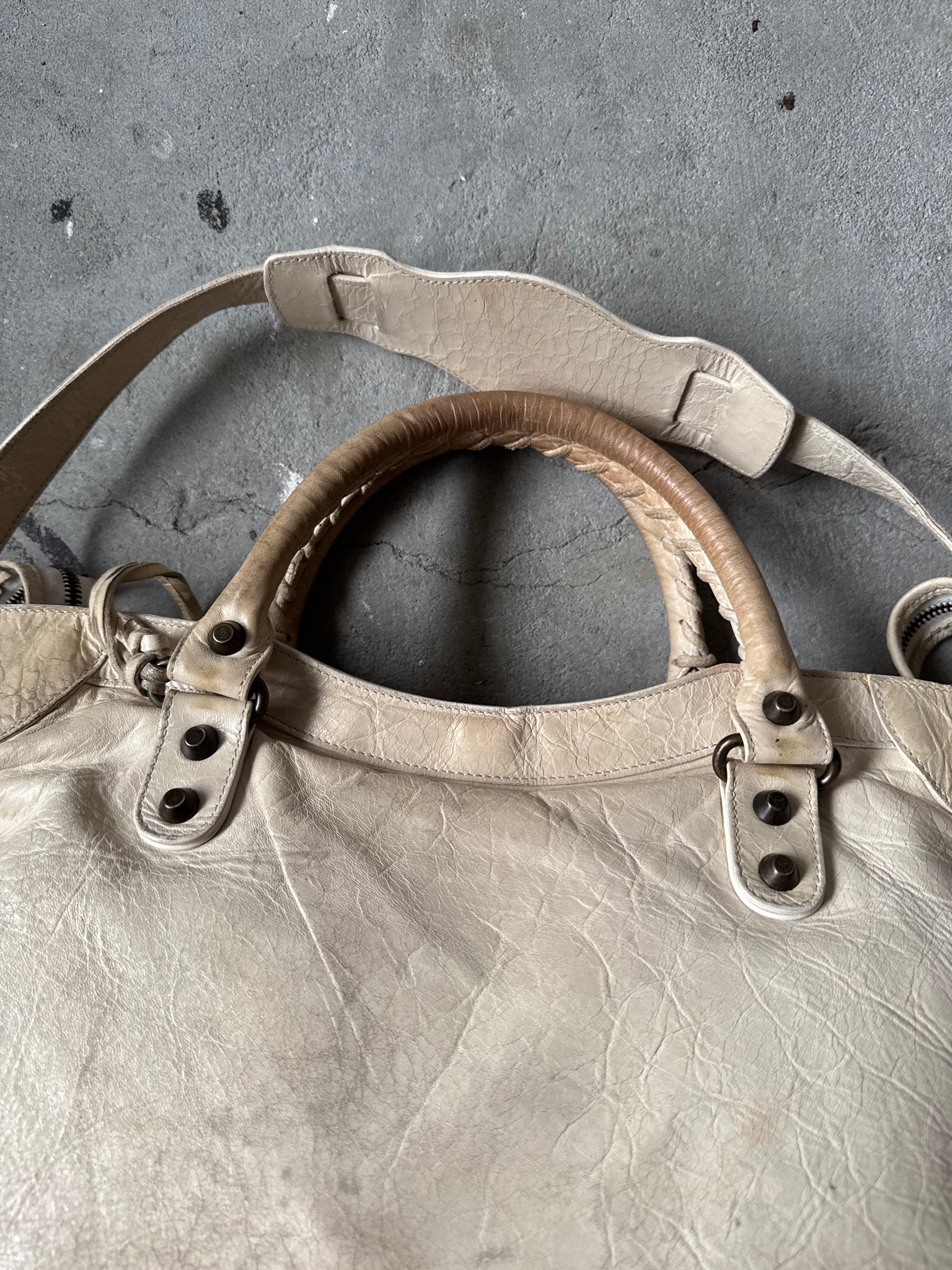 Balenciaga 2Way Agneau Leather Motorcycle City Bag Cream