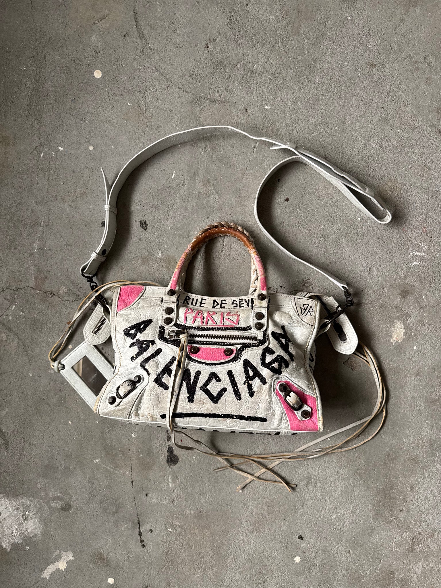 Balecniaga 2Way Graffiti Agneau Leather Motorcycle City Bag White