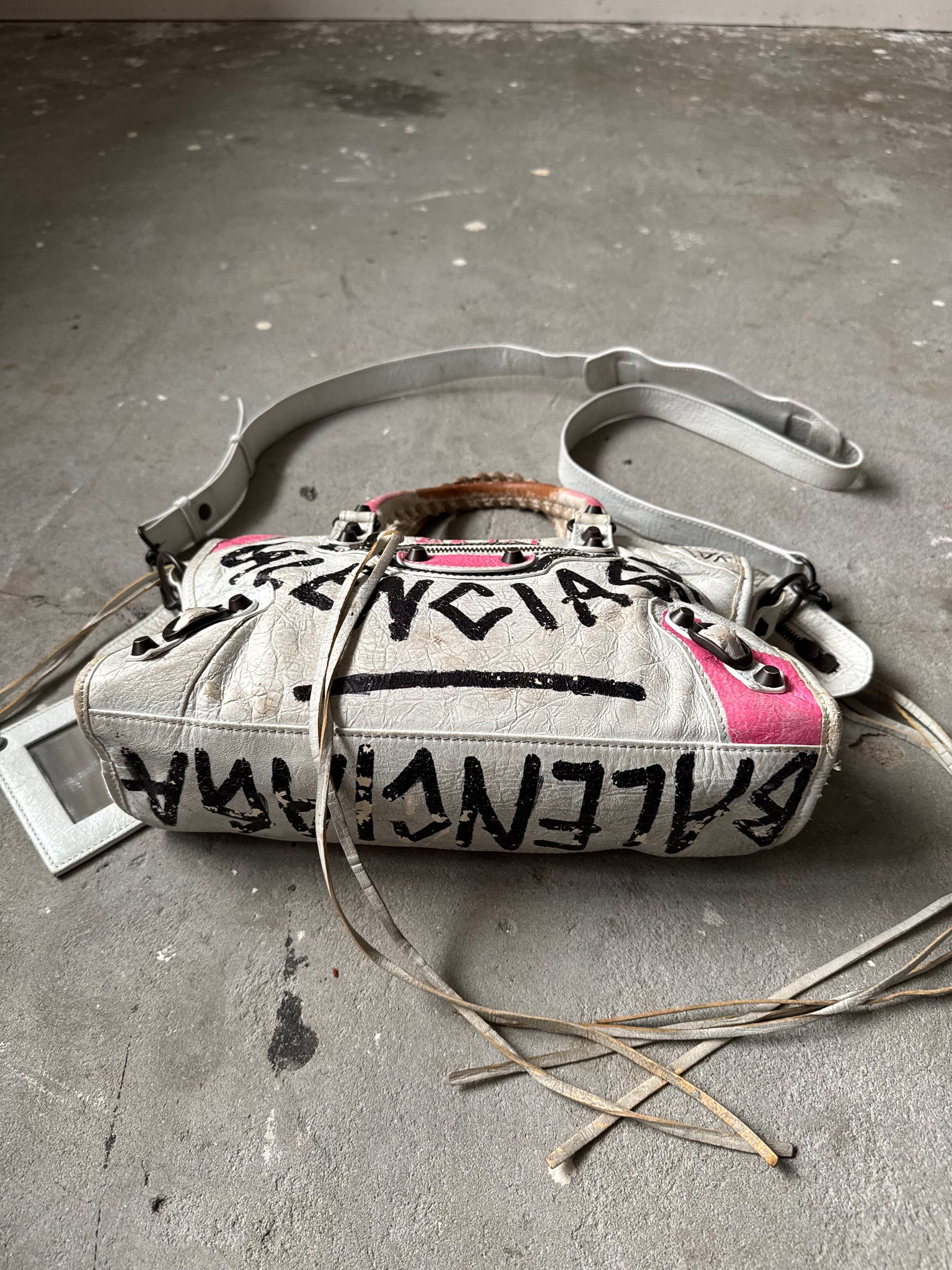 Balecniaga 2Way Graffiti Agneau Leather Motorcycle City Bag White