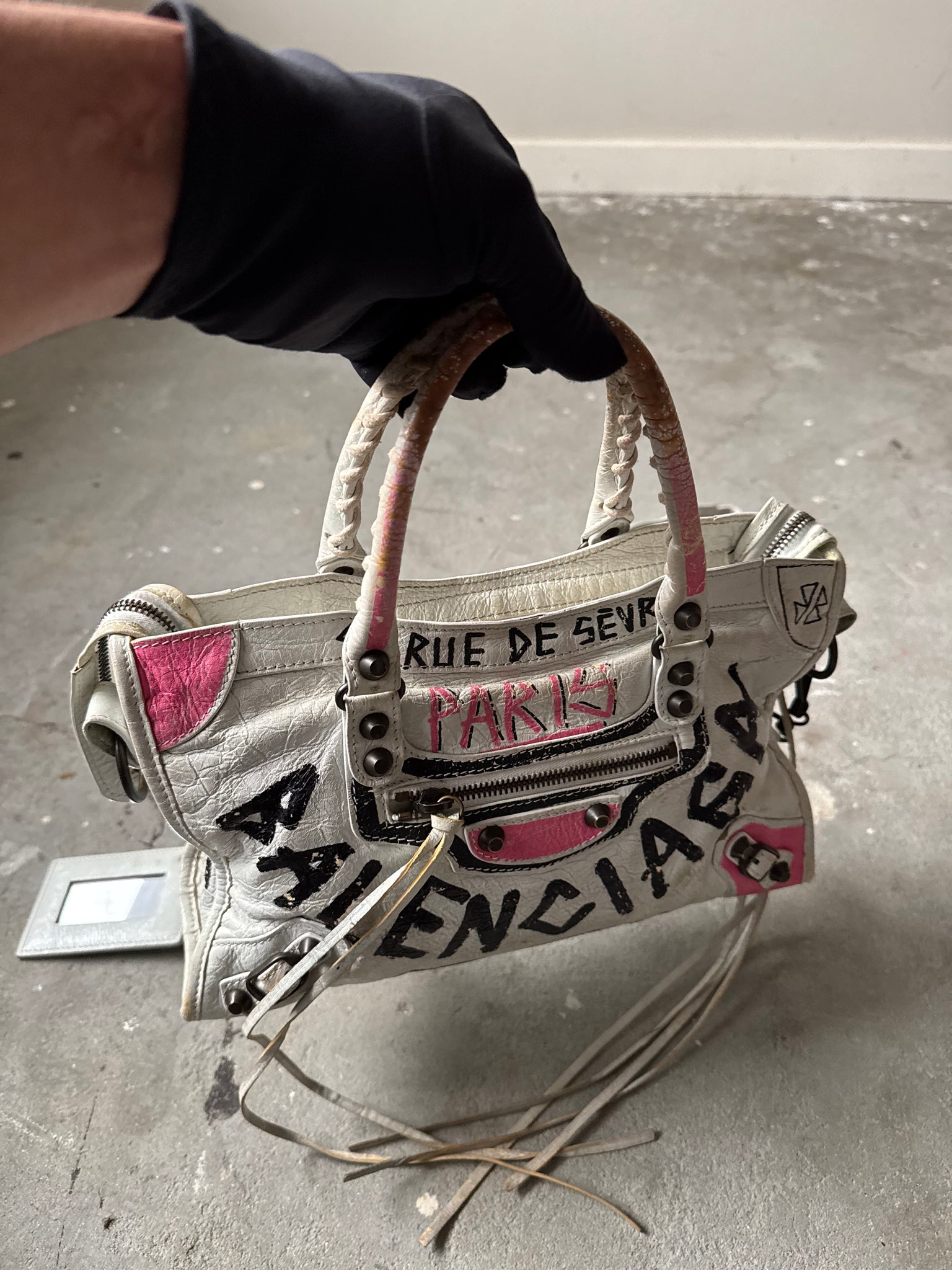 Balecniaga 2Way Graffiti Agneau Leather Motorcycle City Bag White