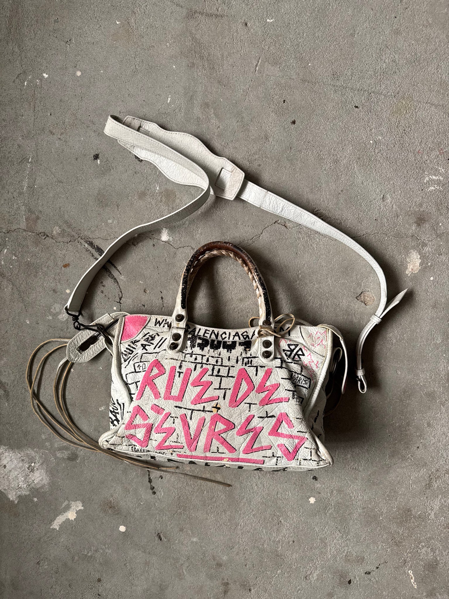 Balecniaga 2Way Graffiti Agneau Leather Motorcycle City Bag White