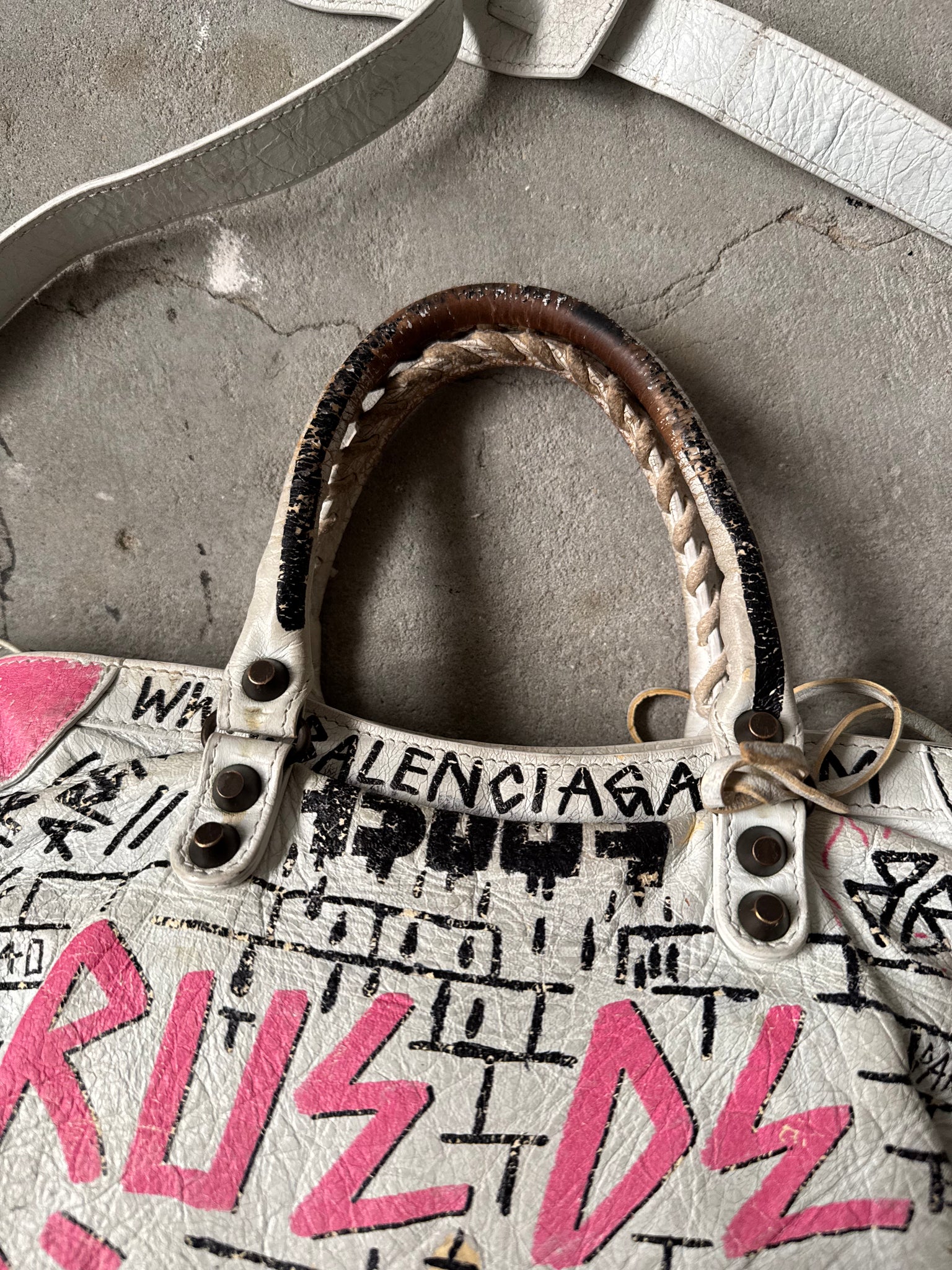 Balecniaga 2Way Graffiti Agneau Leather Motorcycle City Bag White