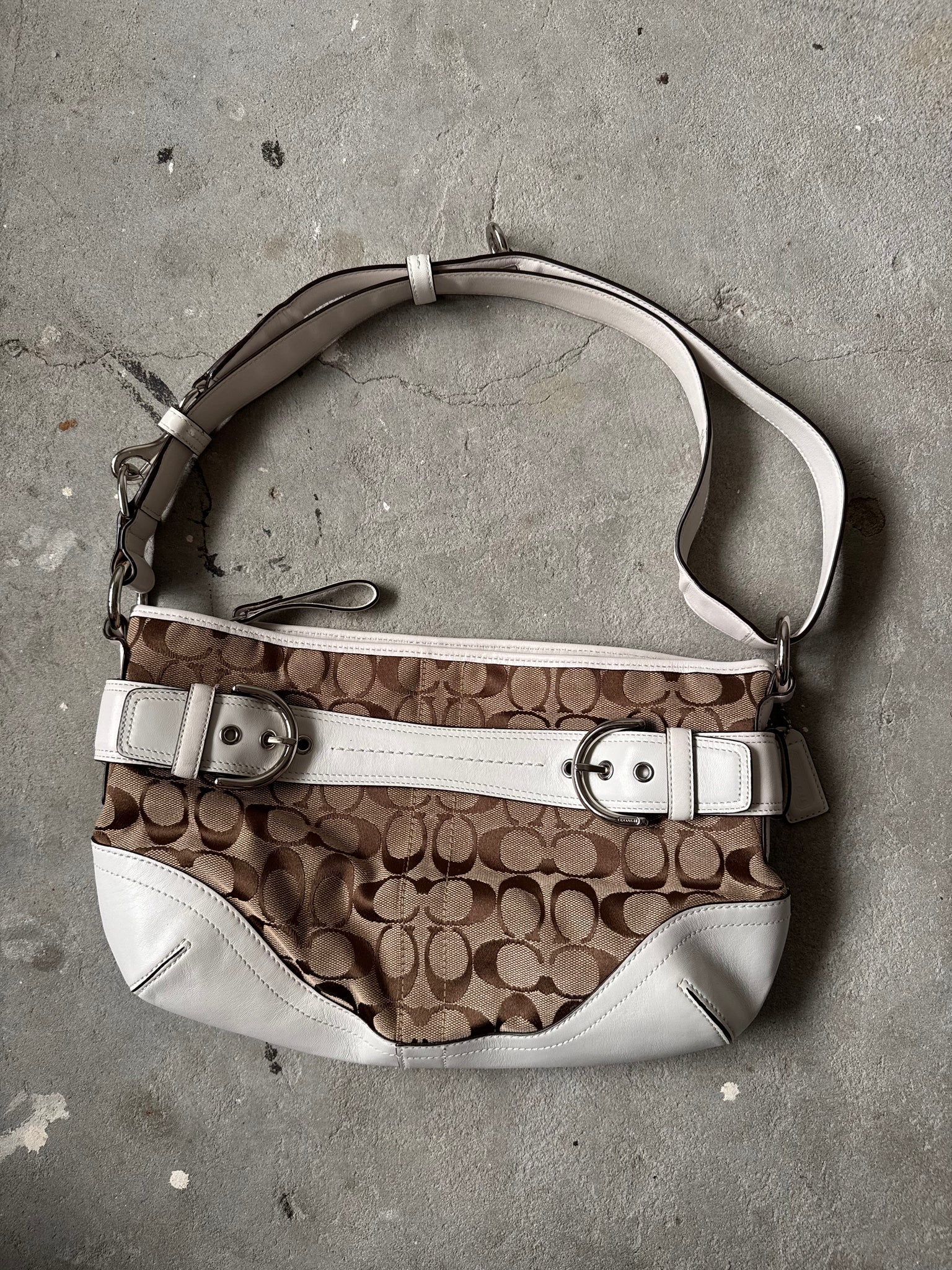 Coach 2Way Signature Sufflette Shoulder Bag Beige/White