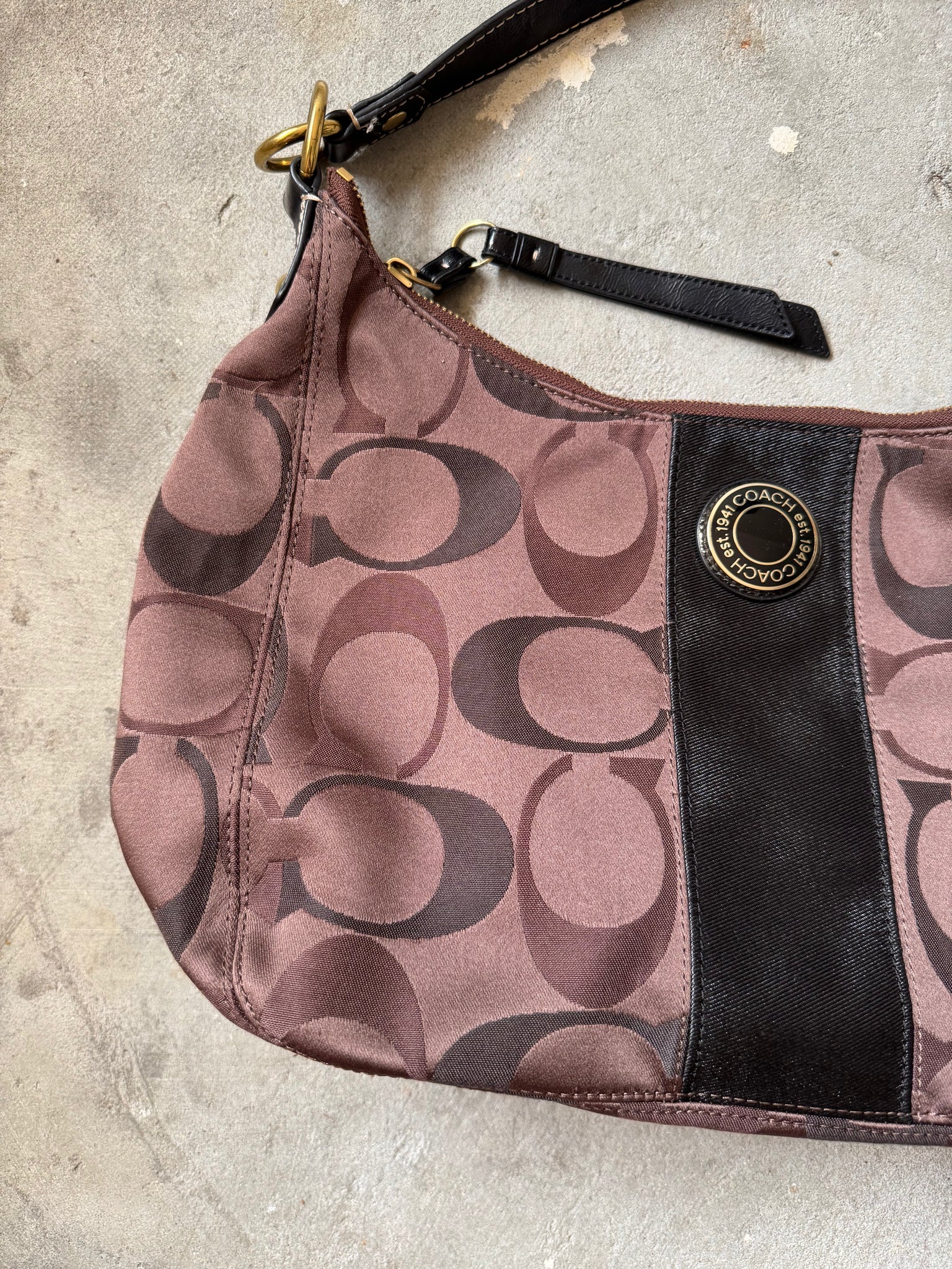 Coach 2Way Signature Stripe Shoulder Bag Brown/Black