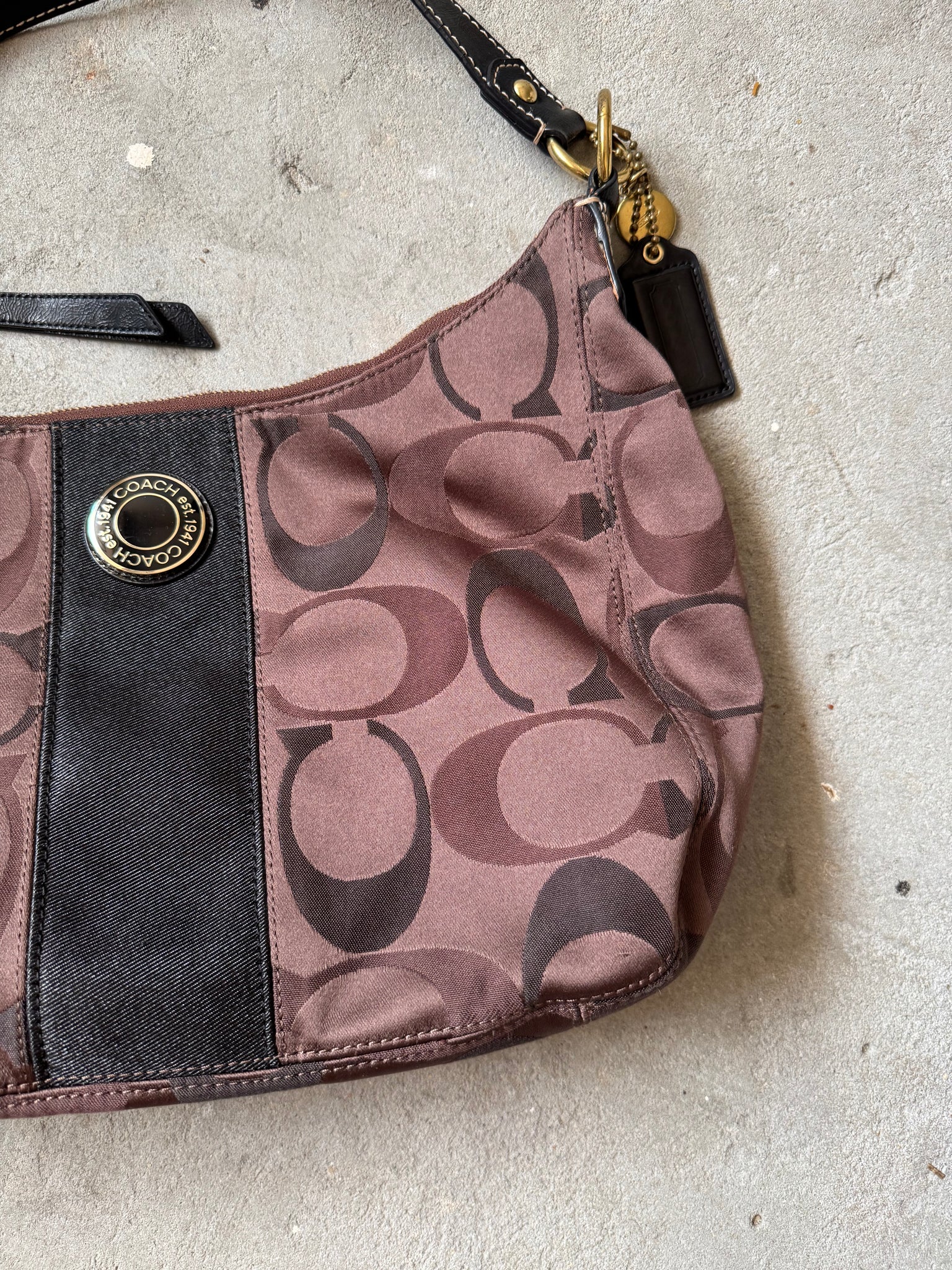 Coach 2Way Signature Stripe Shoulder Bag Brown/Black