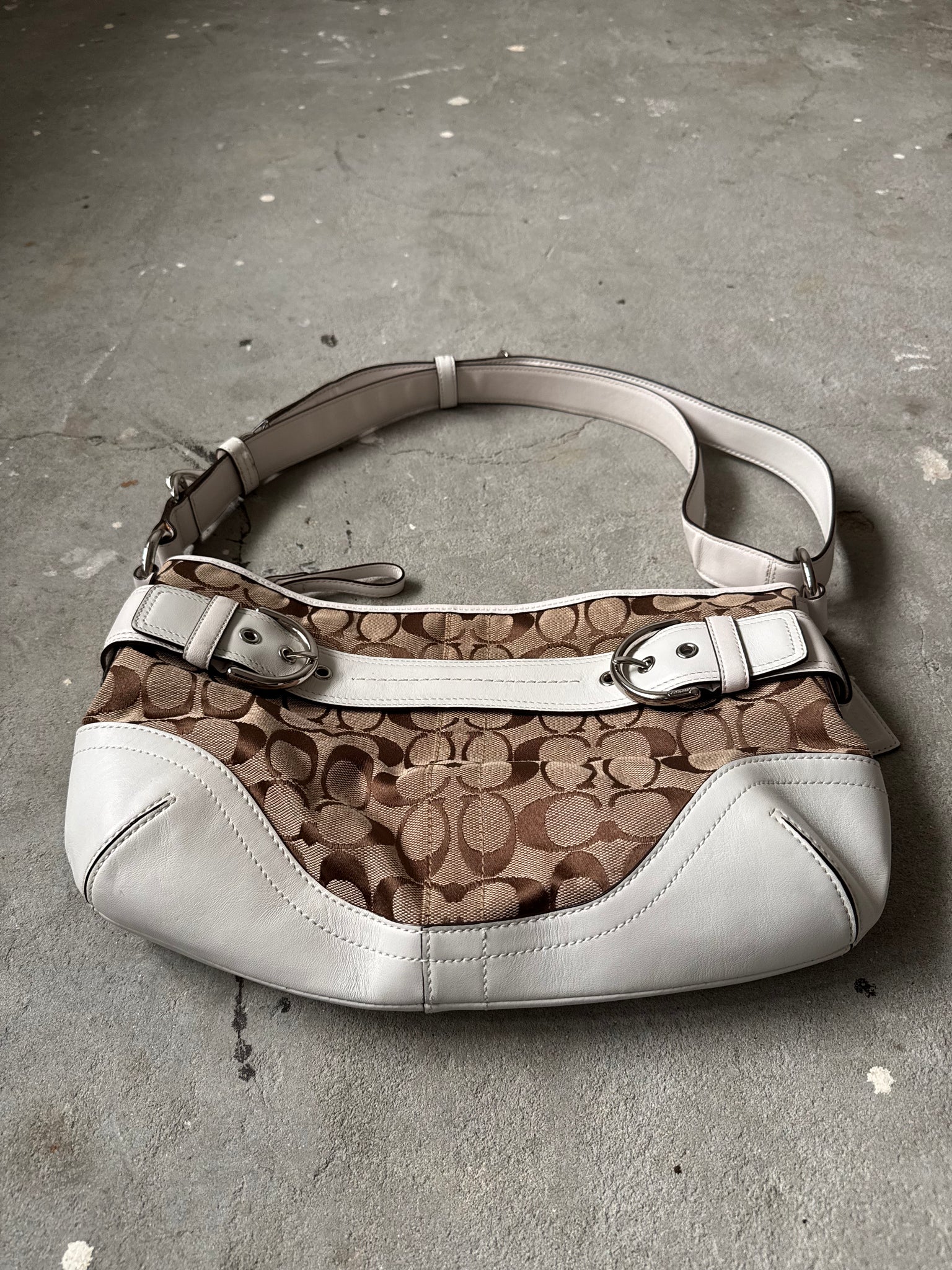 Coach 2Way Signature Sufflette Shoulder Bag Beige/White