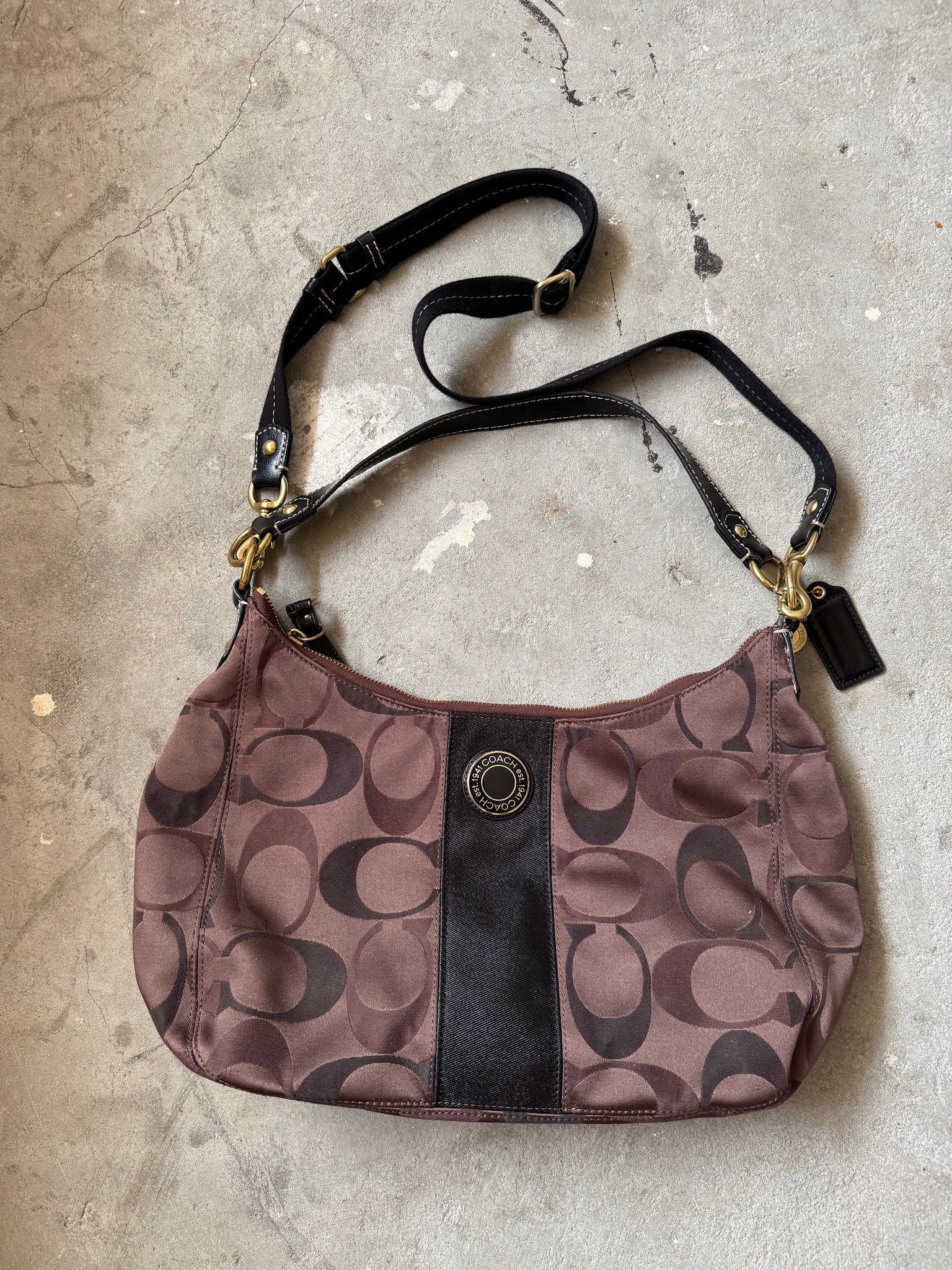 Coach 2Way Signature Stripe Shoulder Bag Brown/Black