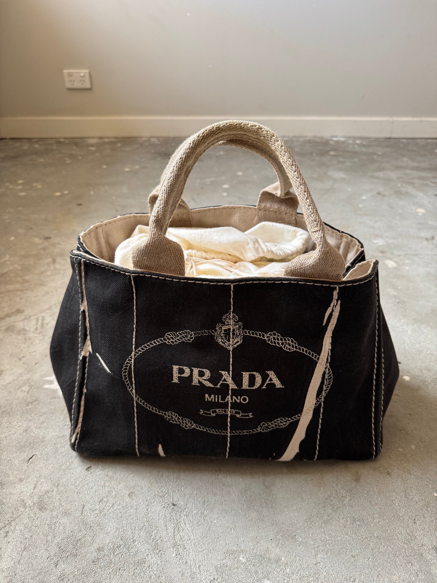 Prada Enameled Denim Canapa Tote Bag Black/White