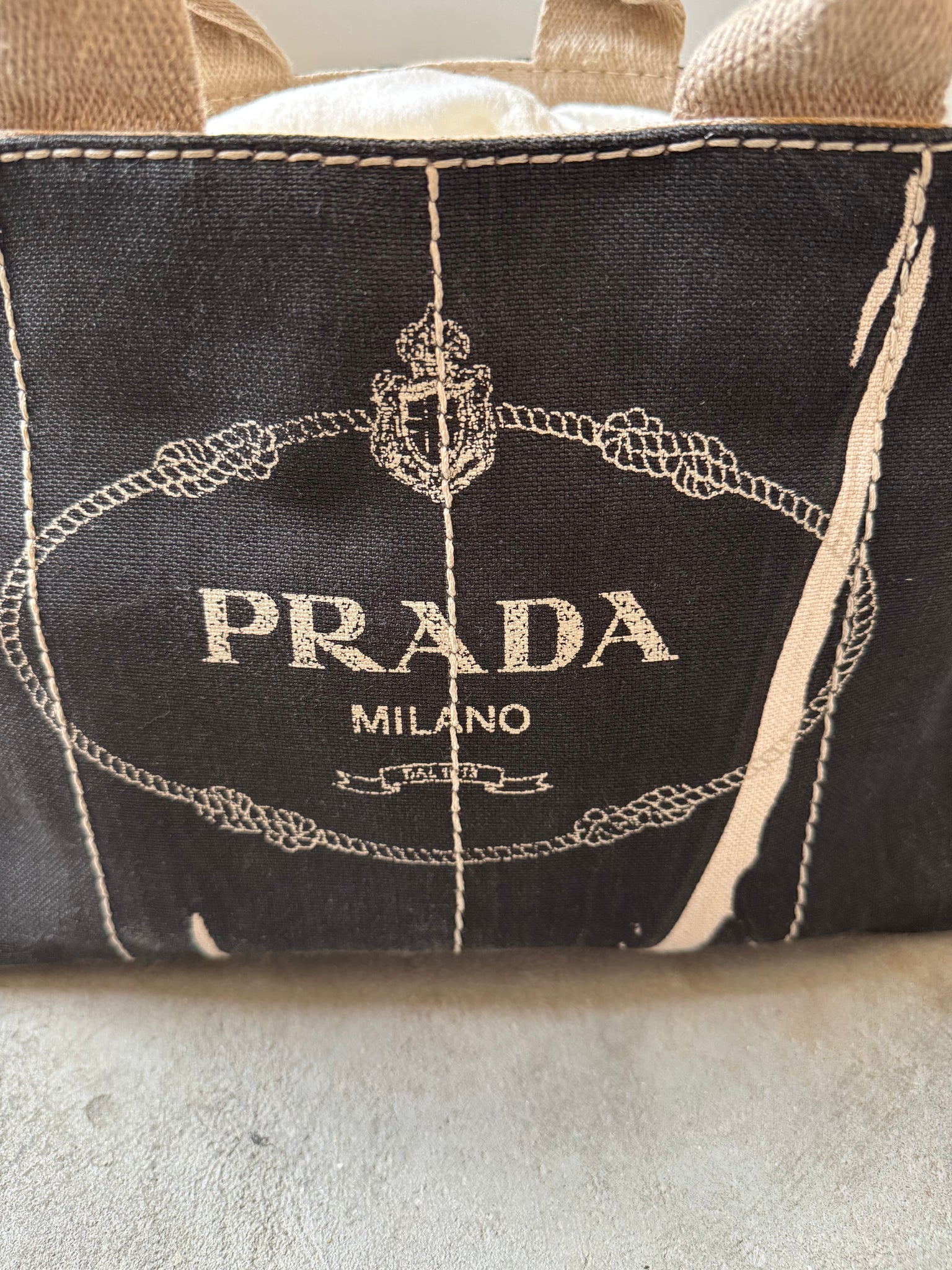 Prada Enameled Denim Canapa Tote Bag Black/White
