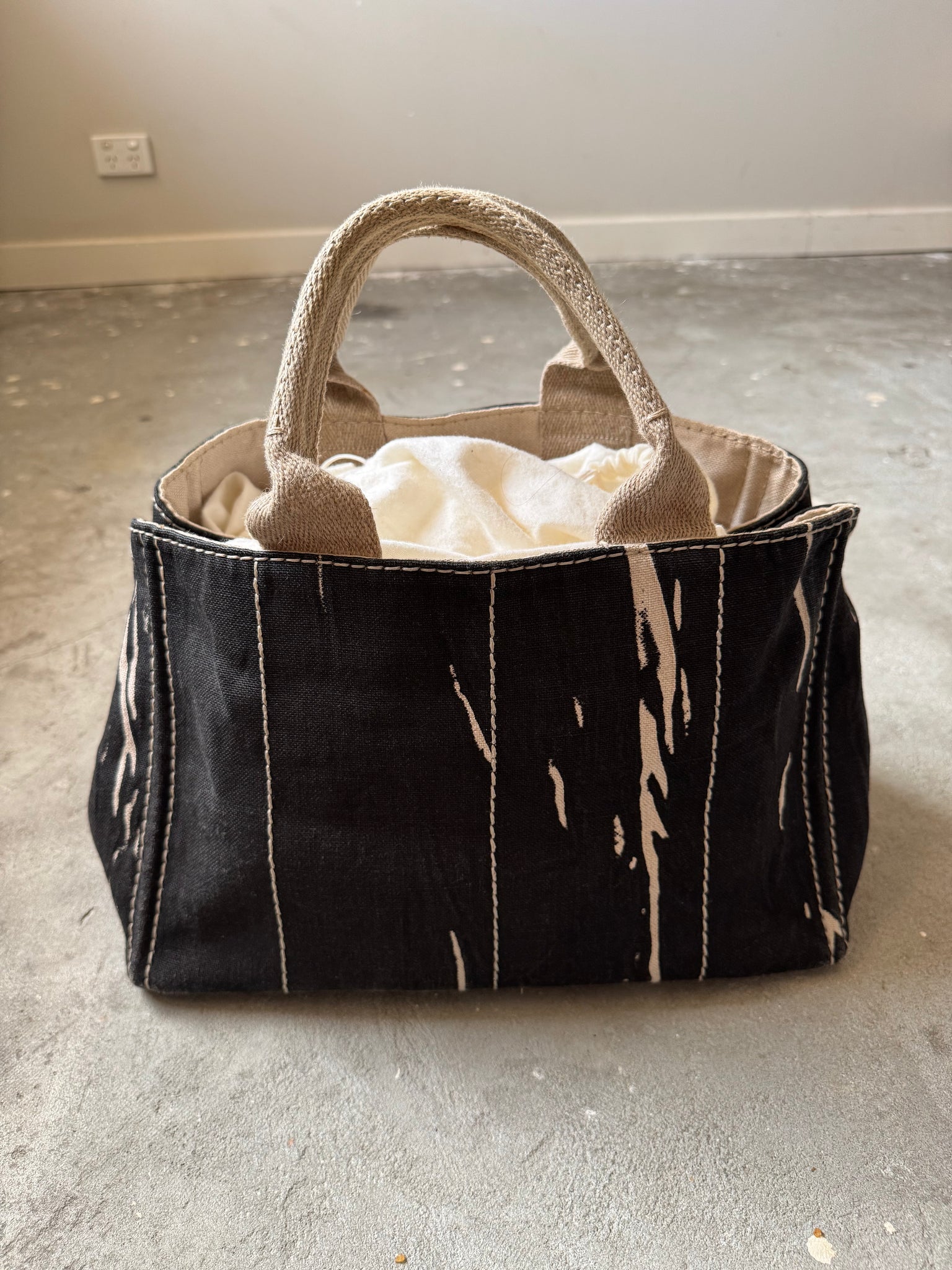 Prada Enameled Denim Canapa Tote Bag Black/White