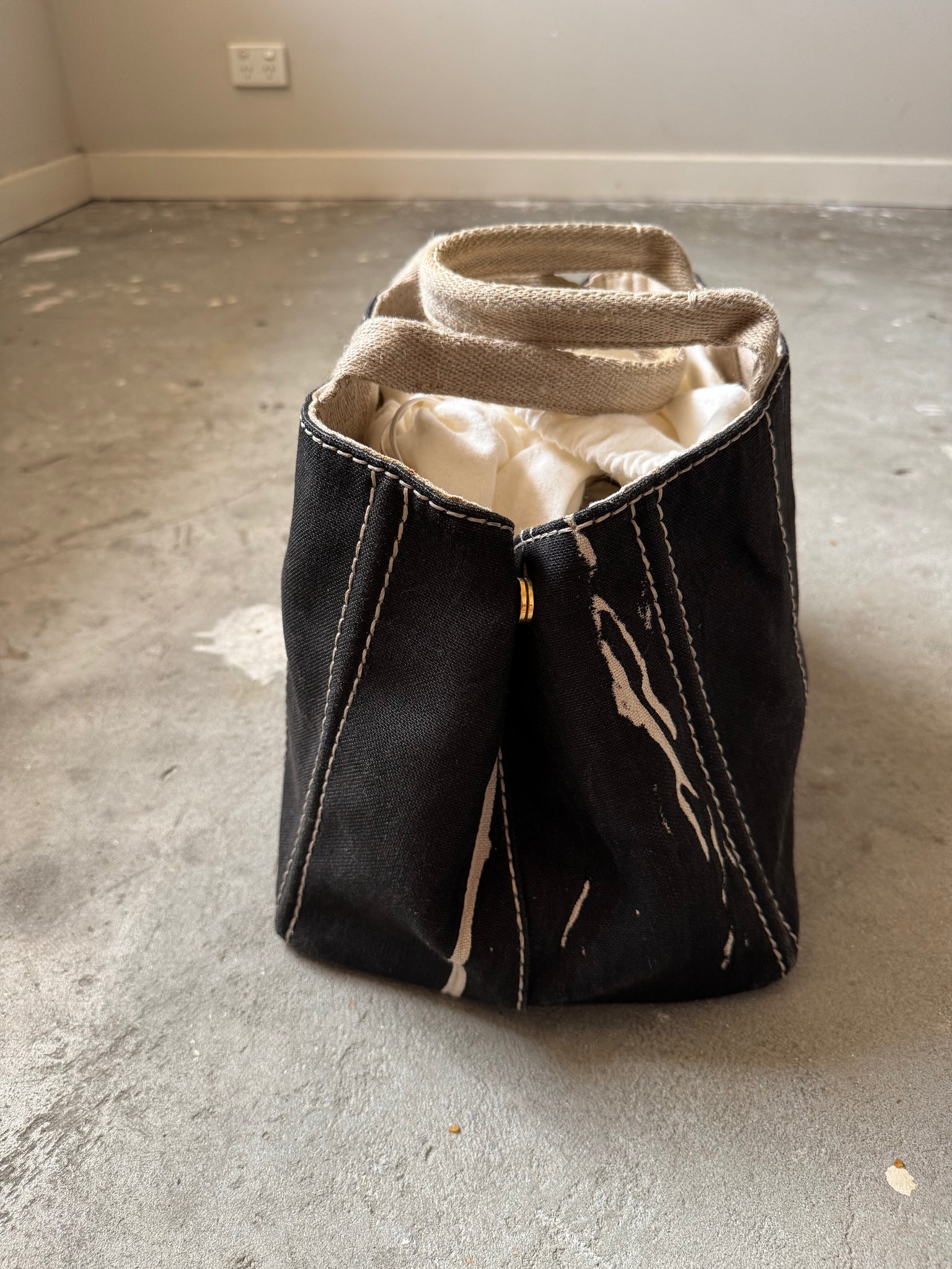 Prada Enameled Denim Canapa Tote Bag Black/White