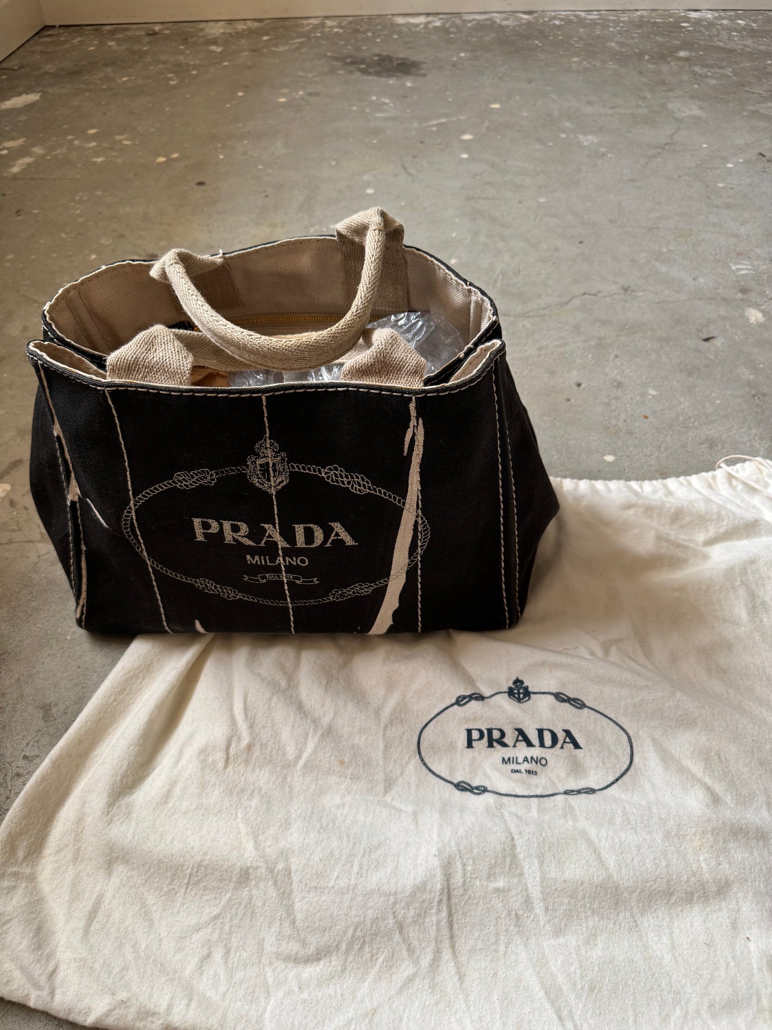 Prada Enameled Denim Canapa Tote Bag Black/White