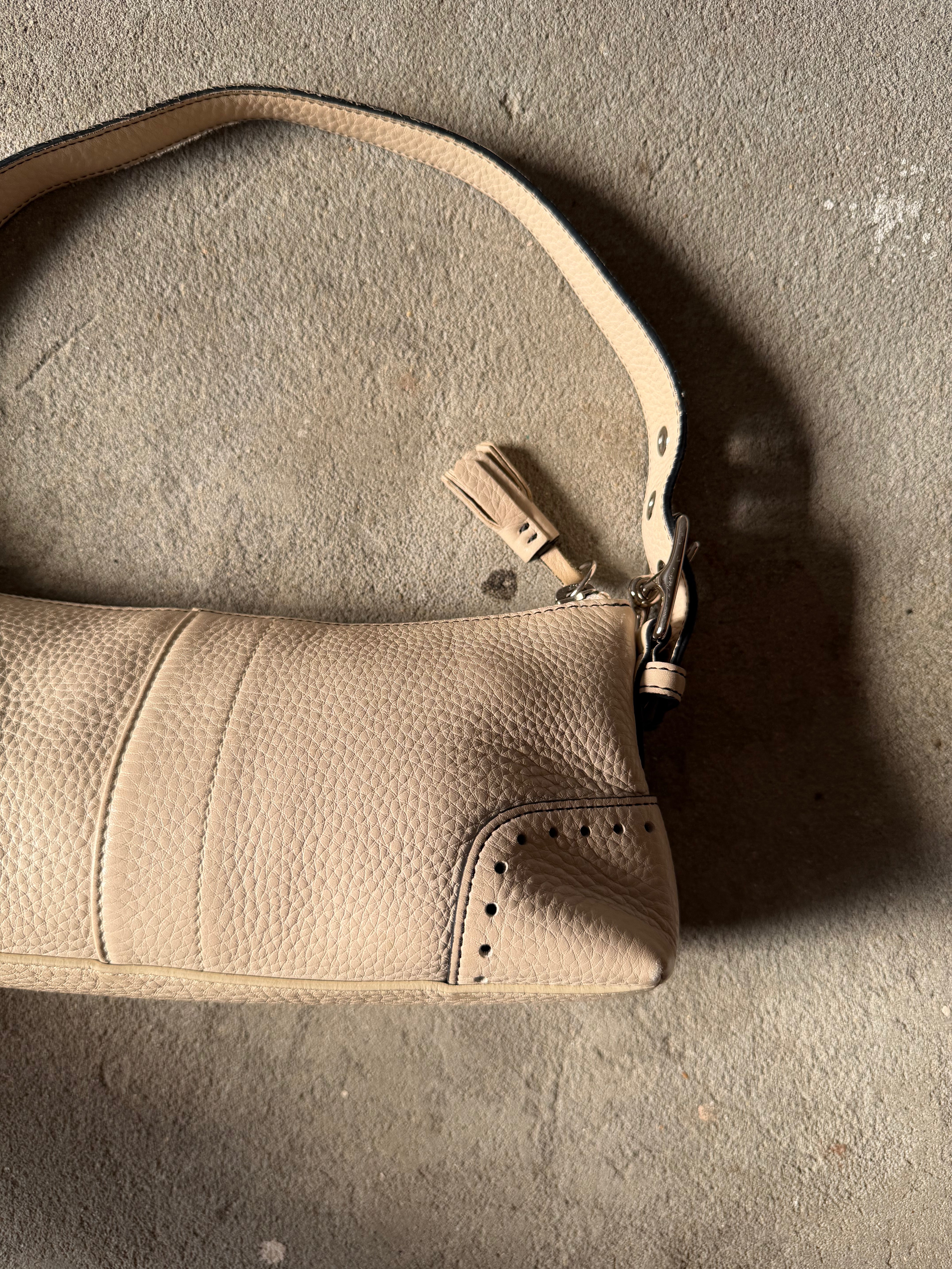 Coach Signature Hampton Baguette Leather Shoulder Bag Cream