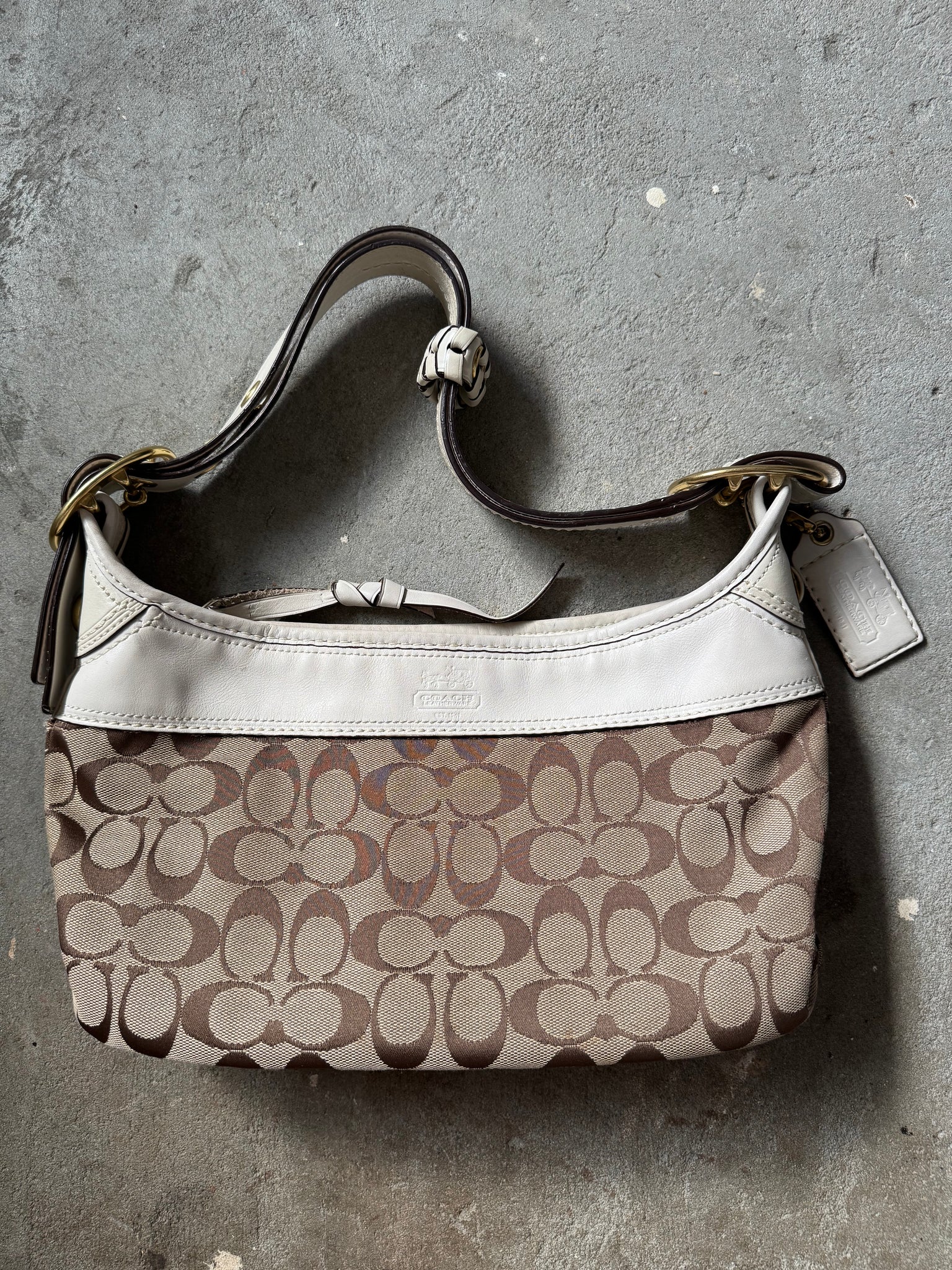 Coach 2Way Signature Shoulder Bag Beige/White