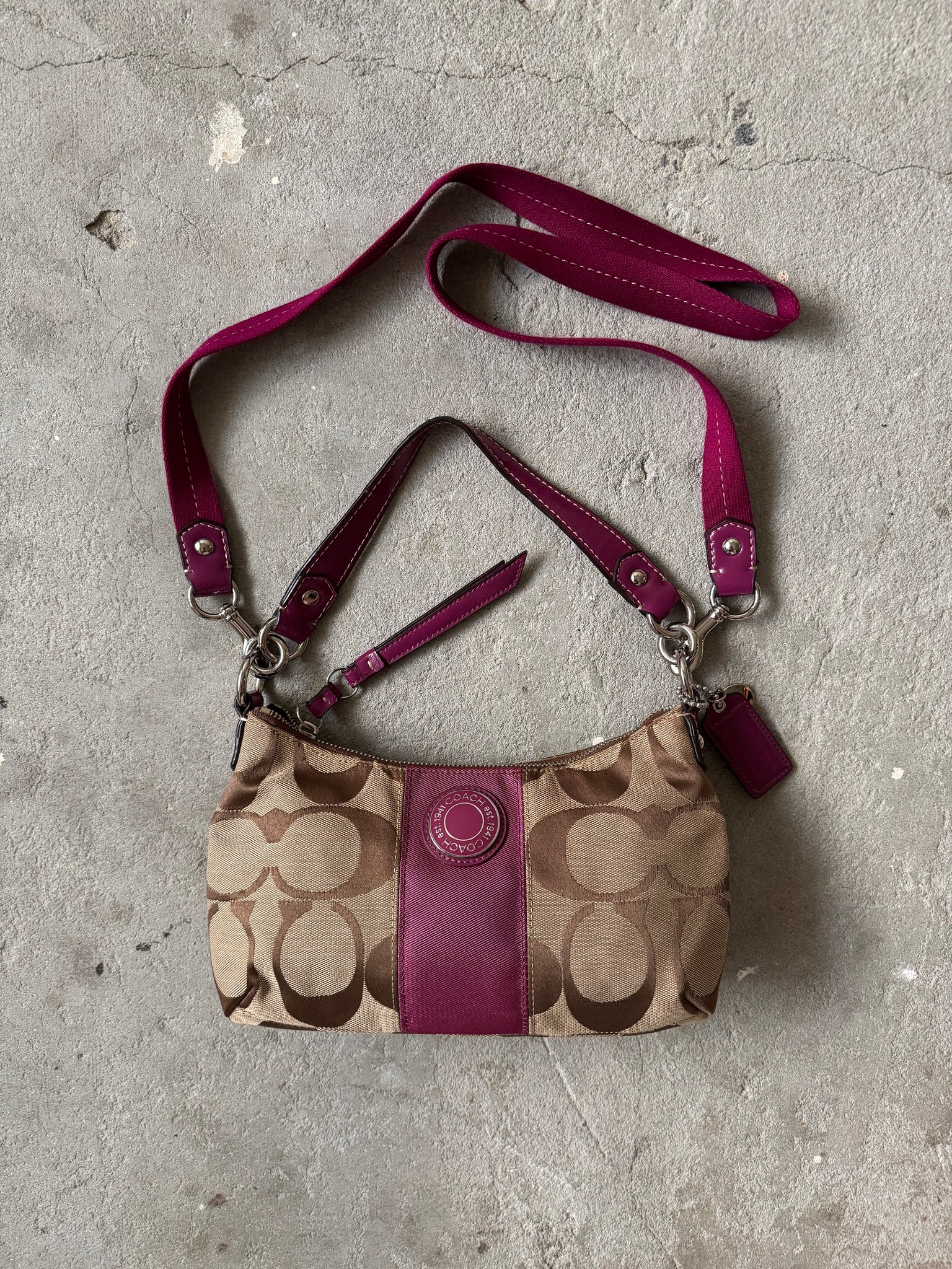 Coach 2Way Signature Stripe Shoulder Bag Beige/Purple