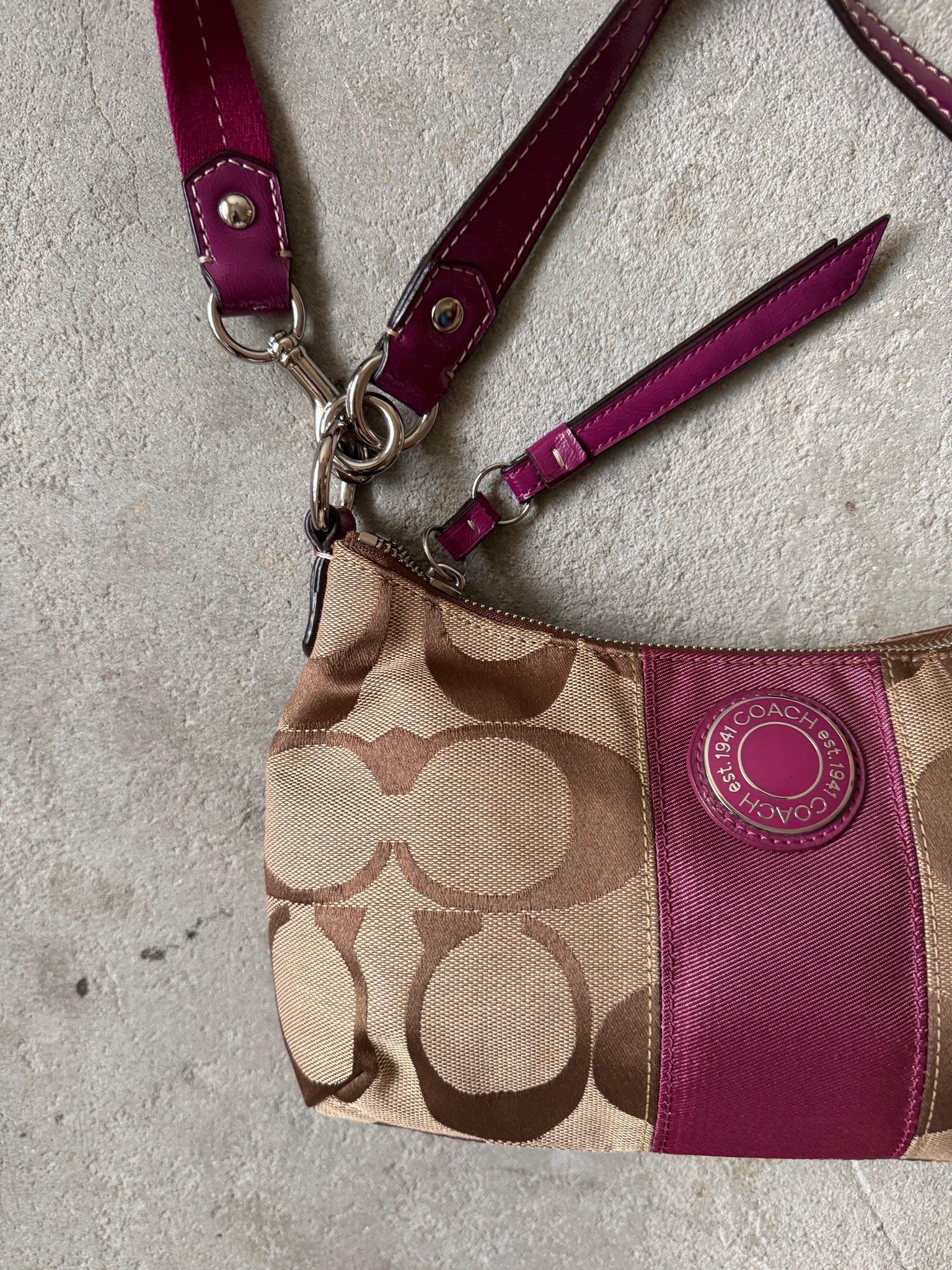 Coach 2Way Signature Stripe Shoulder Bag Beige/Purple