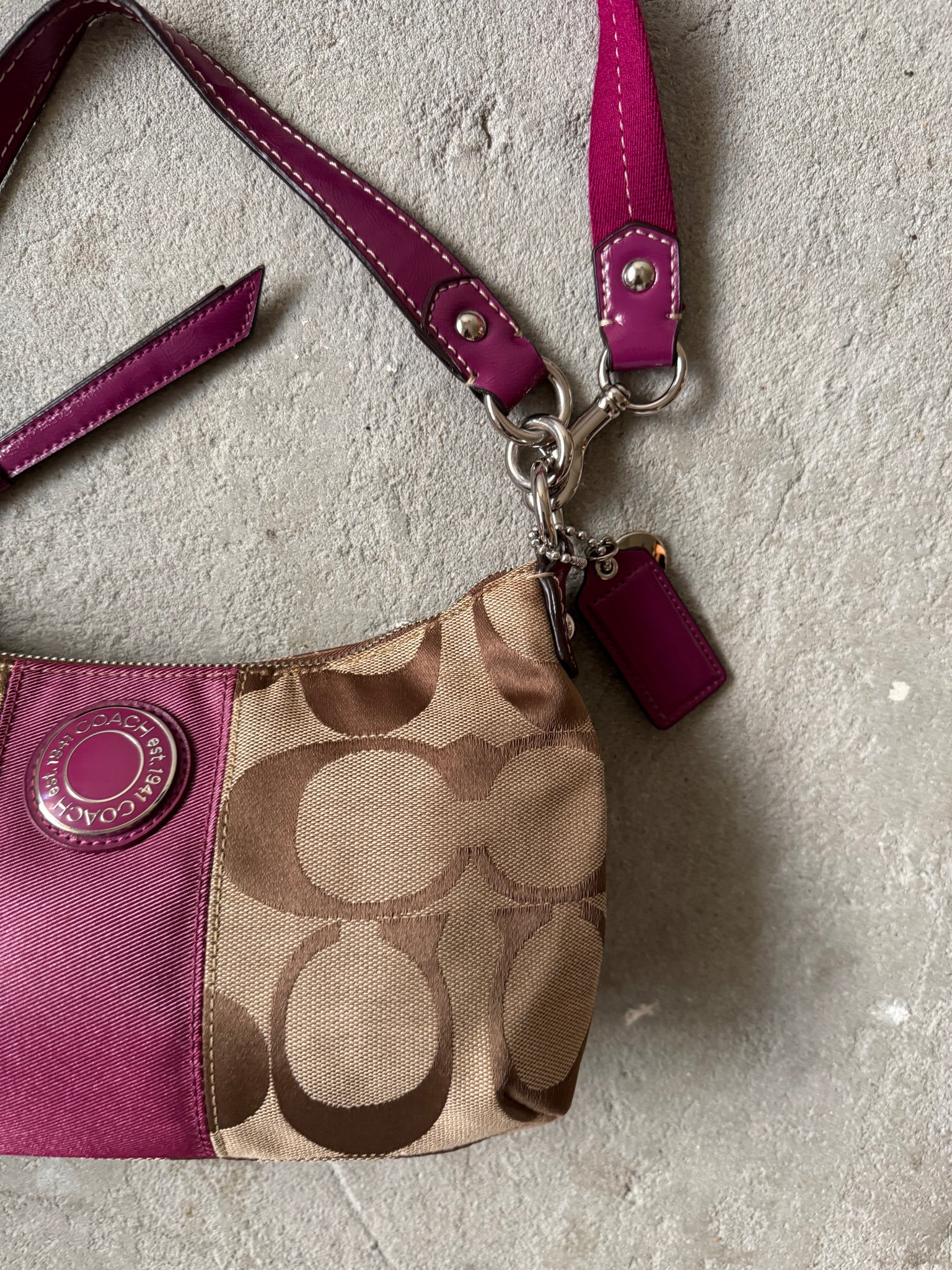 Coach 2Way Signature Stripe Shoulder Bag Beige/Purple