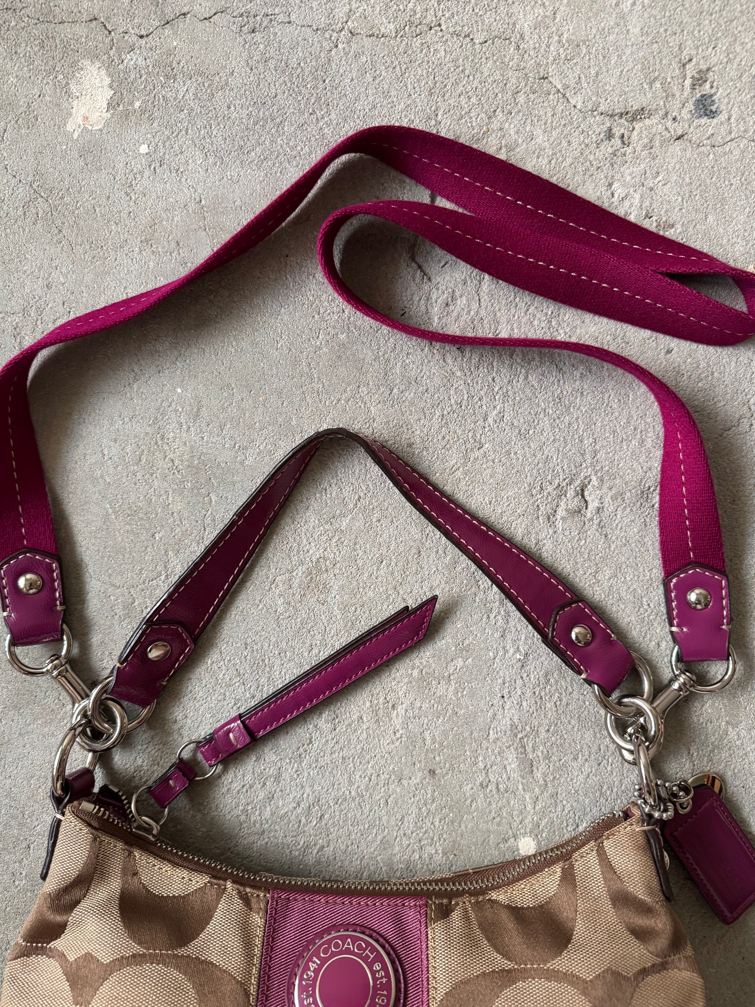 Coach 2Way Signature Stripe Shoulder Bag Beige/Purple