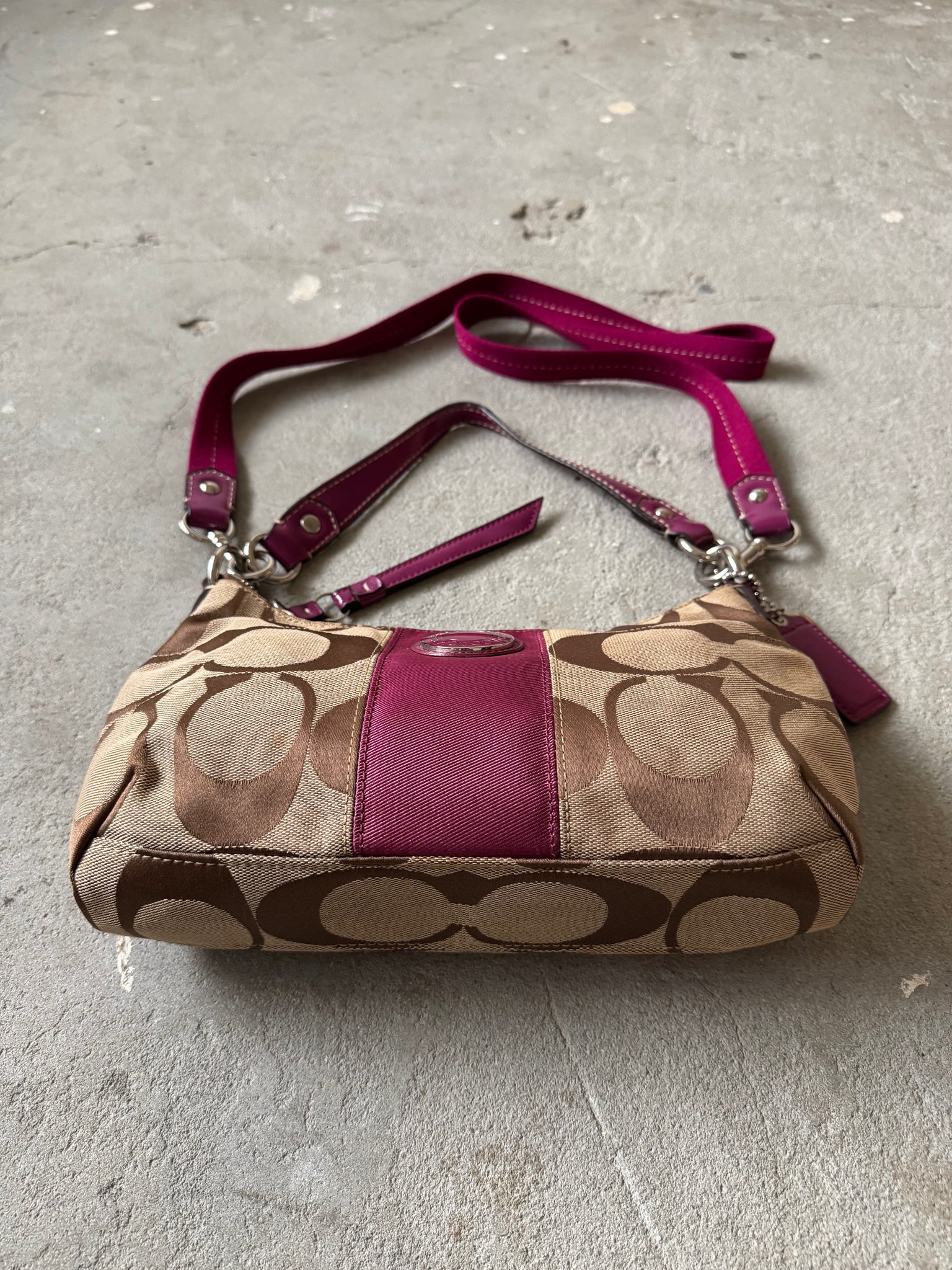 Coach 2Way Signature Stripe Shoulder Bag Beige/Purple